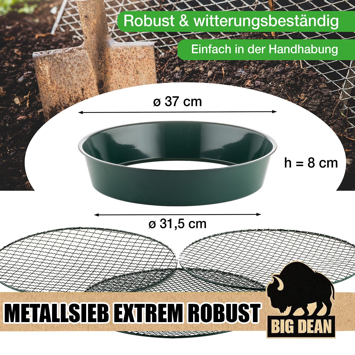 BigDean Gartensieb aus Metall mit 3 Maschenweiten 6,4 mm/9,5 mm/12,7 mm - Erdsieb, Kunststoff, Metall, (Packung, 1-St., Gartensieb), Robustes Metall, Vielseitig – Bild 4 von 5