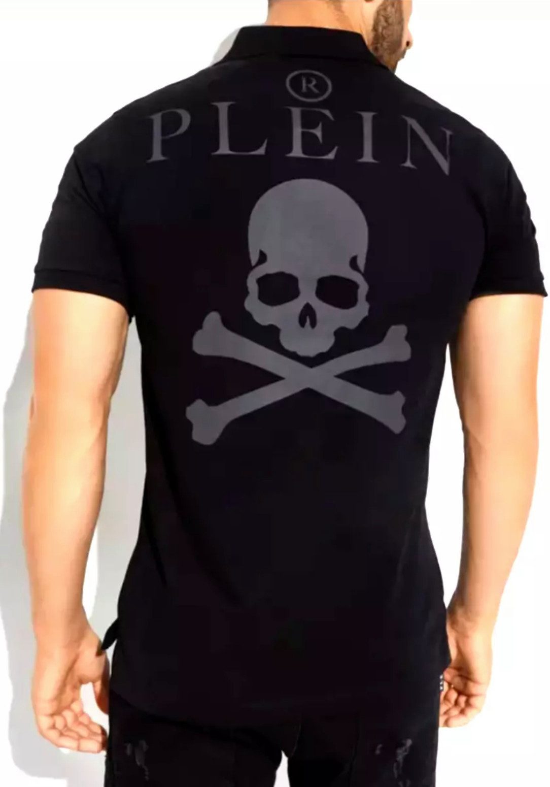 PHILIPP PLEIN Poloshirt Polohemd mit PP Hexagon Patch und Skull&Bones Logo Slim fit Gerippter Kragen und Bündchen, Asymmetrischer Saum