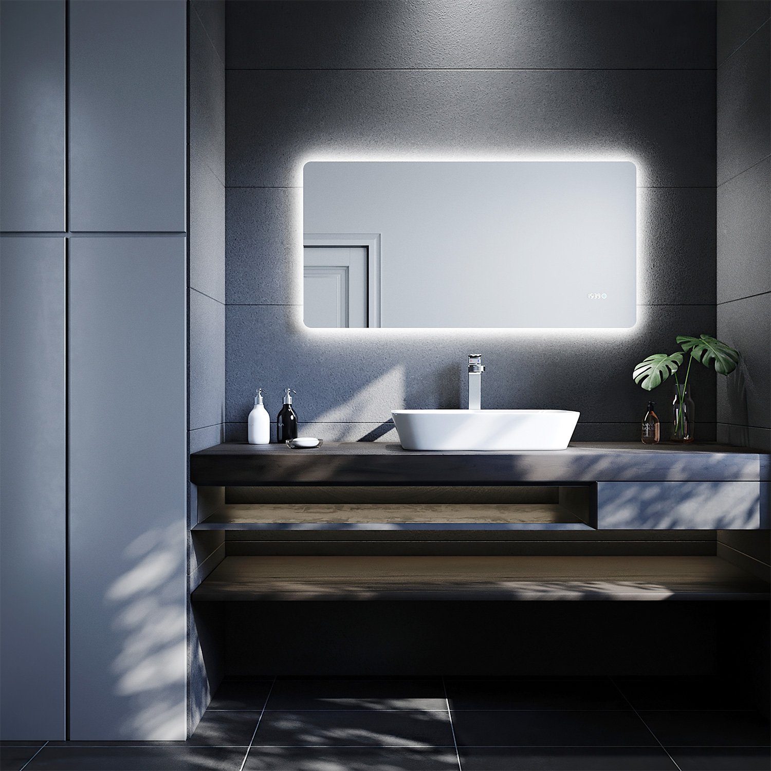 SONNI Badspiegel Badspiegel mit LED IP44 Uhr Energiesparend Badezimmerspiegel, Lichtspiegel Wandspiegel cm Beleuchtung mit Temperaturanzeige 120x60