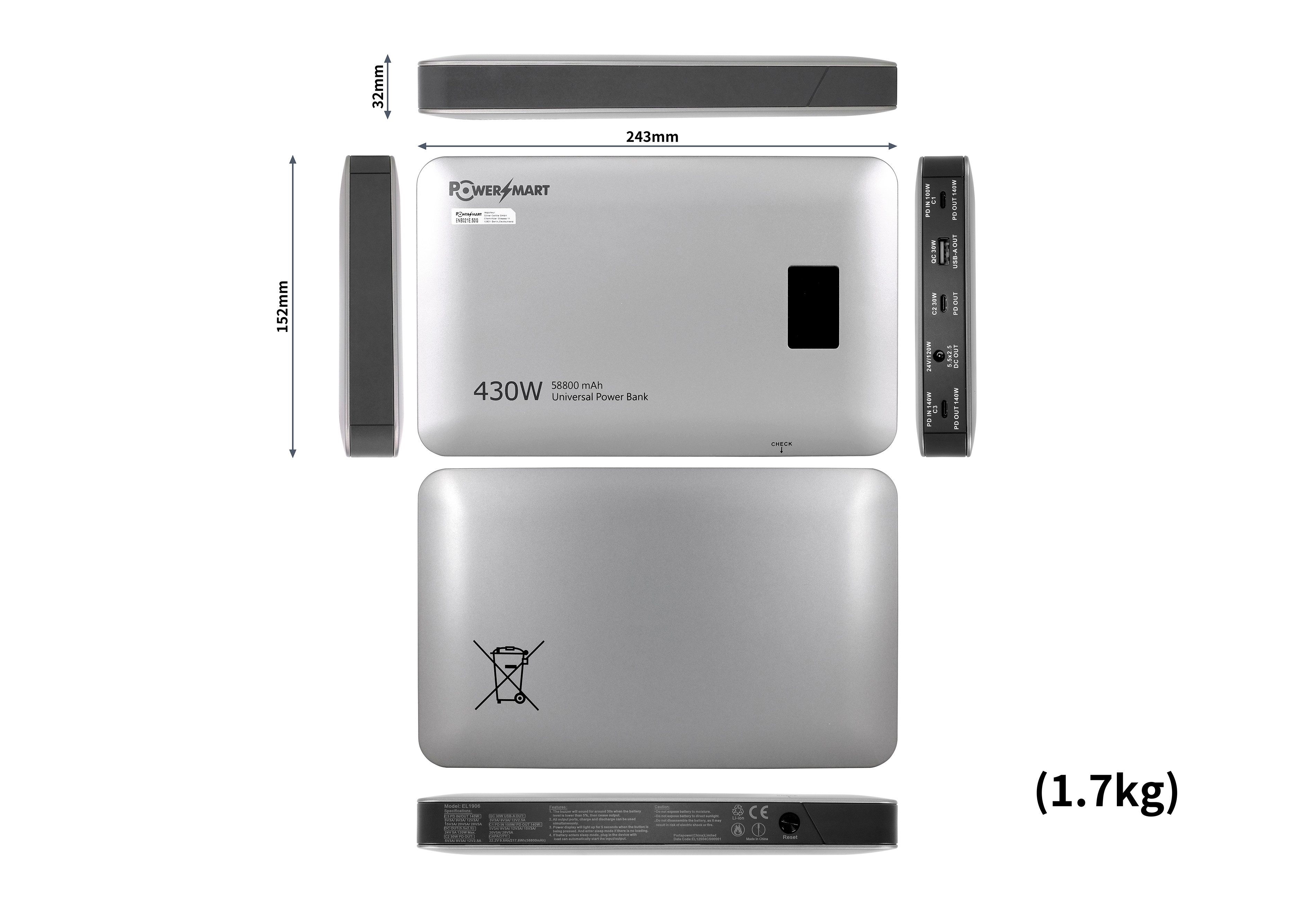 PowerSmart EL1906E Powerbank 213Wh Powerbank 430W mit 24V DC & Multi USB-C, Dual 140W PD 3.1 Schnellladegerät Externer Akku, UPS-Funktion, 21700 Zellen, Tragbares Kraftwerk für Laptop, MacBook, Drohnen Li-ion 58800 mAh (5-28 V)