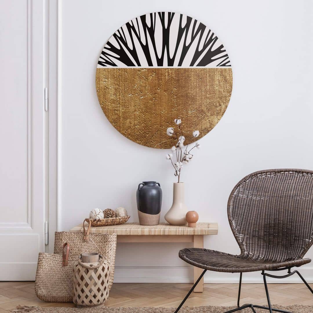K&L Wall Art Alu-Dibond-Druck Metallposter Gold Baum des Lebens abstrakt Sonne Mond Kubistika, Metalloptik Wandbild Ø 30cm