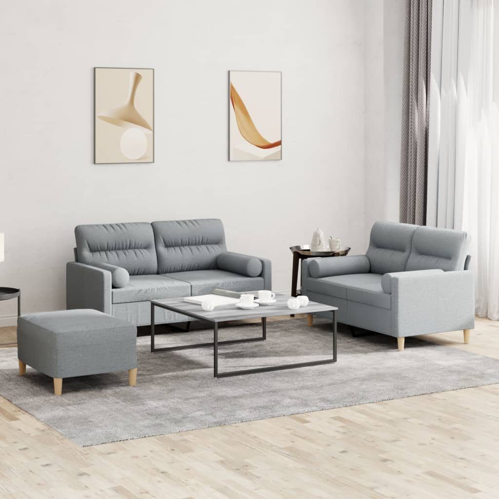 vidaXL Sofa 3-tlg. Sofagarnitur mit Kissen Hellgrau Stoff