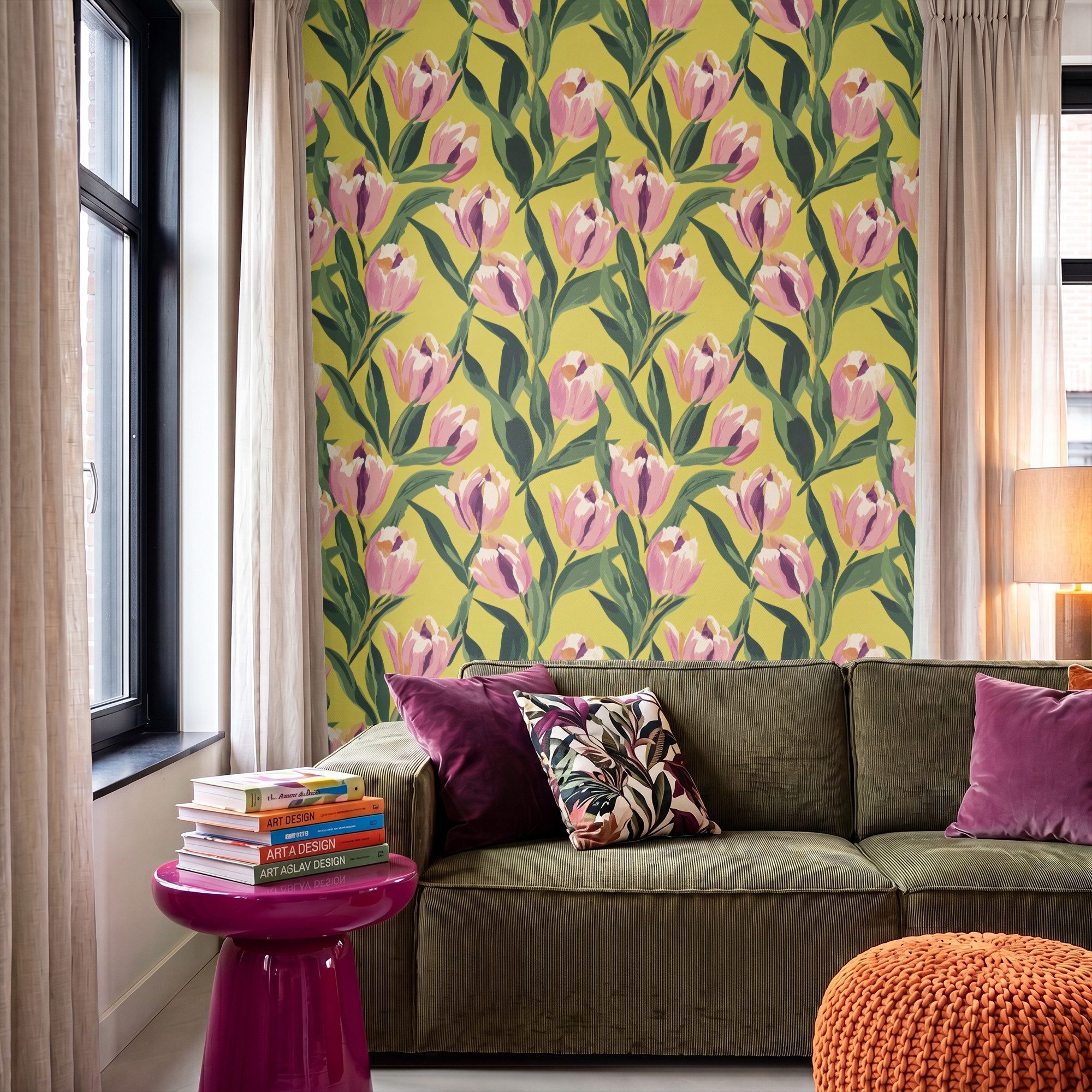 OnlyWow Fototapete Tulpen - Botanisch - Gelb, Matt, bedruckt, Wandtapete, Schlafzimmer, Modern, Vliestapete 140x200cm