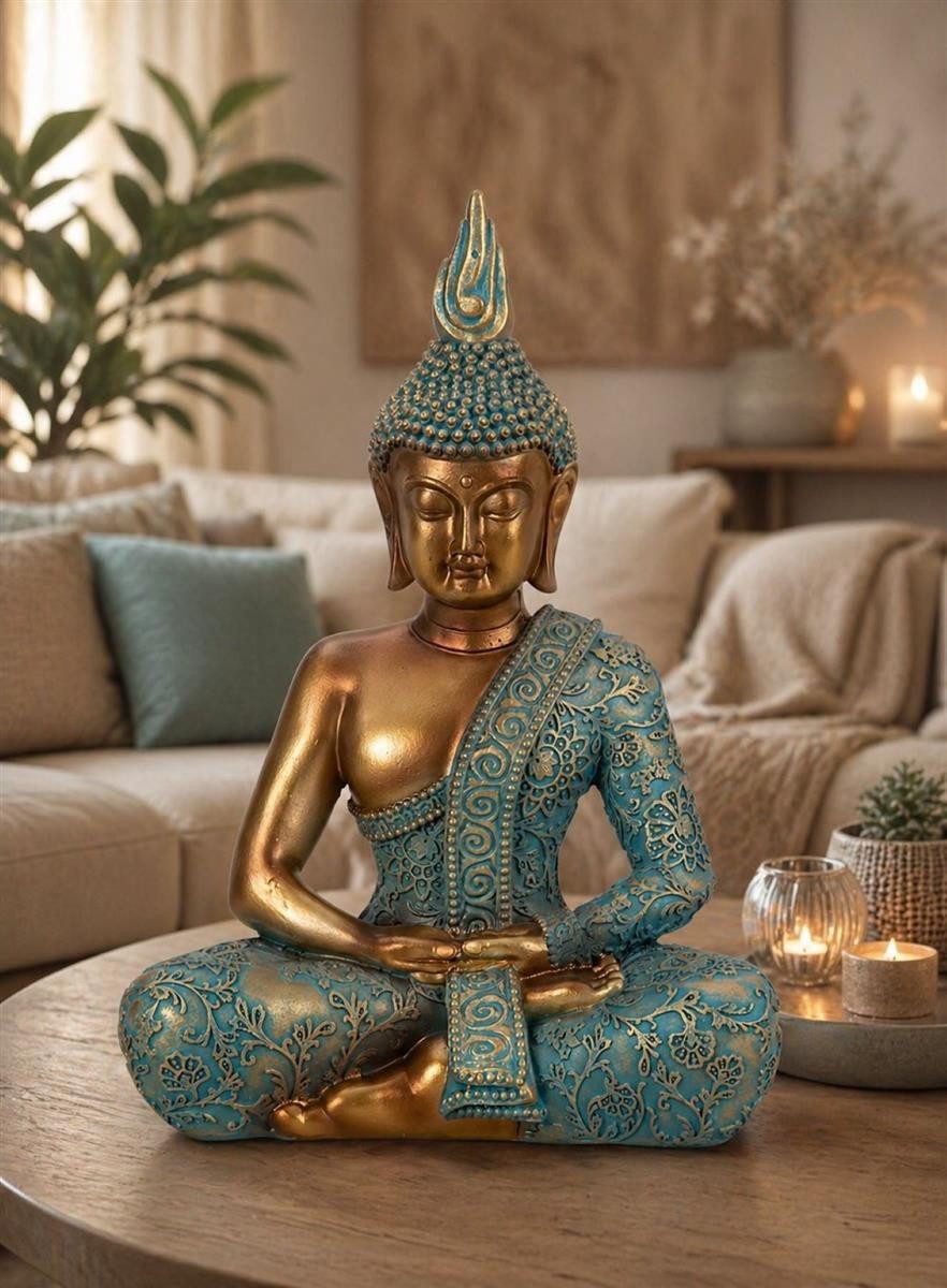 Geschenkestadl Buddhafigur Buddha Figur 25cm gold türkis – Deko Meditation Ruhe Ausgleich sitzend (sitzend), Yoga, Meditation – Bild 2 von 4