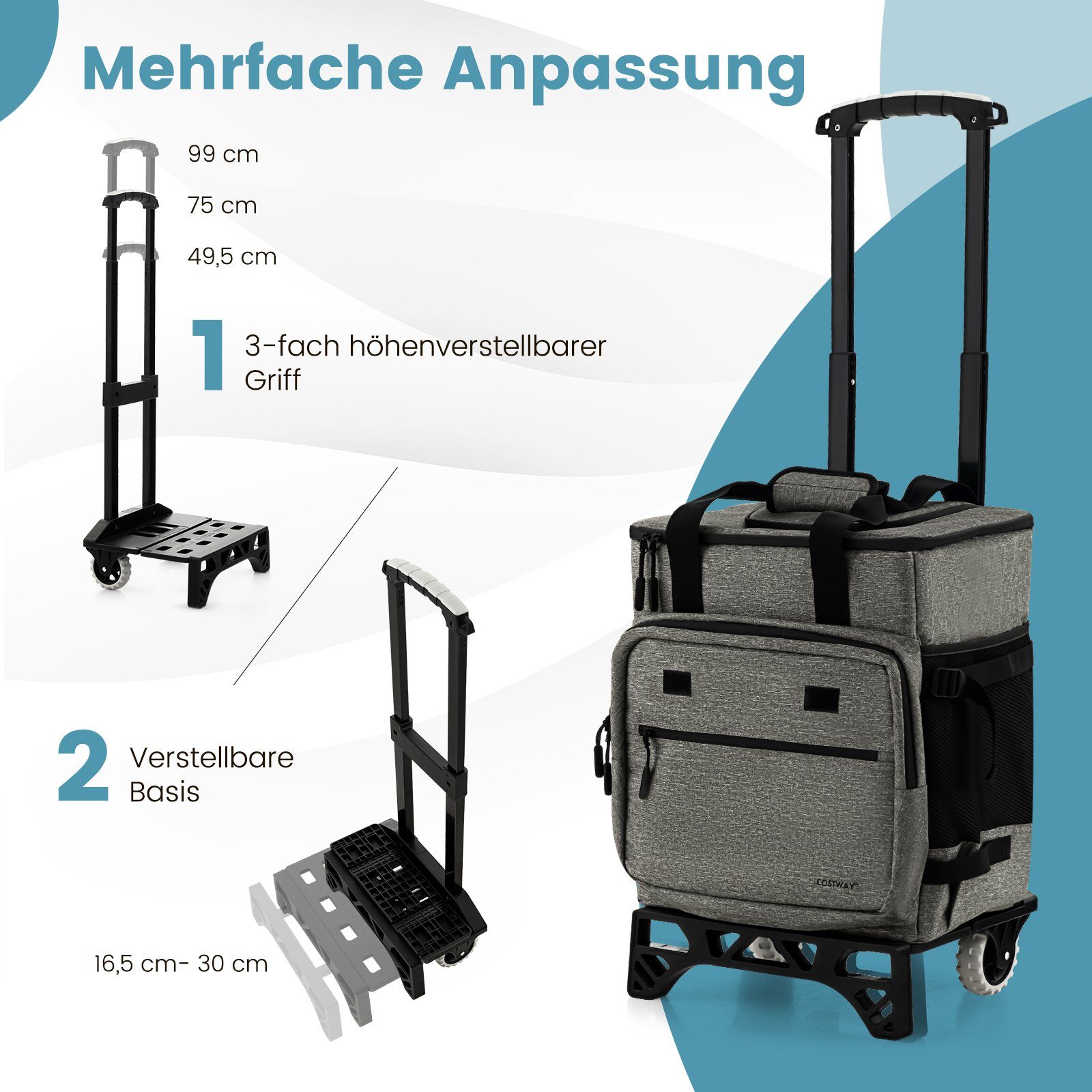 COSTWAY Grau Kühltasche, 40 Rollen mit 3in1 Griff verstellbarem l, Einkaufstrolley,