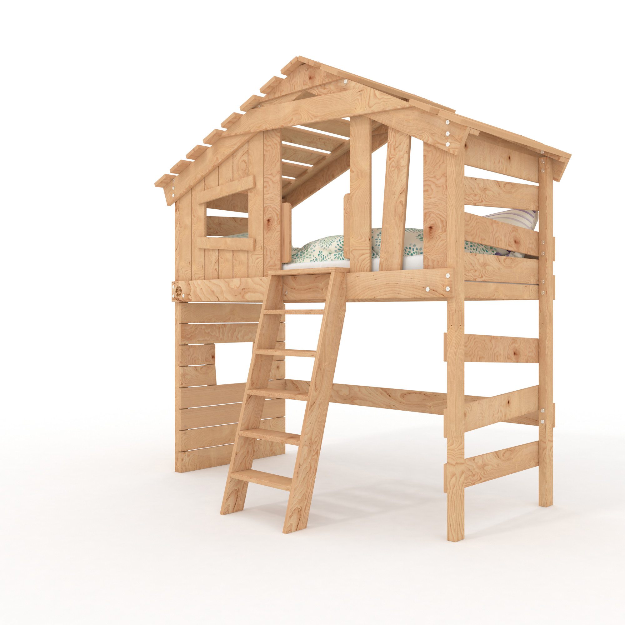 bibex Hochbett ALPIN CHALET Hochbett, Kinderbett, Etagenbett, Hausbett - natur 90x200