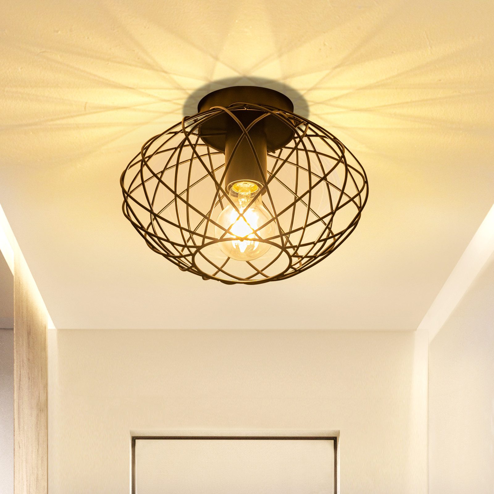 ZMH Deckenleuchte Ø 25cm Schwarz Vintage Deckenlampe Kaefig Gitter für Wohnzimmer Flur, Einfache Installation, ohne Leuchtmittel, 1Flammig E27 Metall Lampenschirm Deckenstrahler Korridor Esszimmer