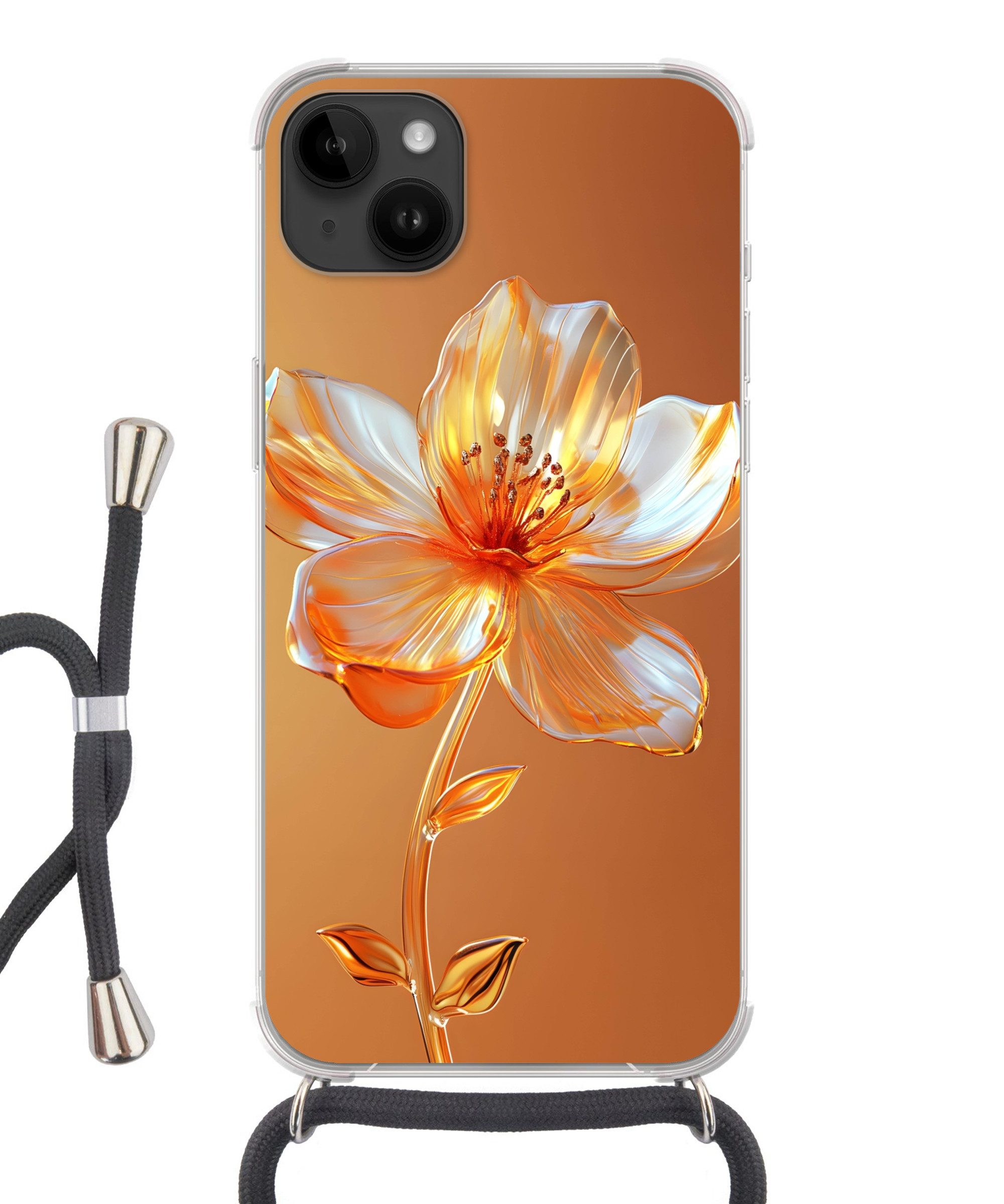 MuchoWow Handyhülle für Apple iPhone 14 Max Gläser - Blume - Orange, Tragbare Handyhüllen mit Kette zum umhängen, Handykette Handyband