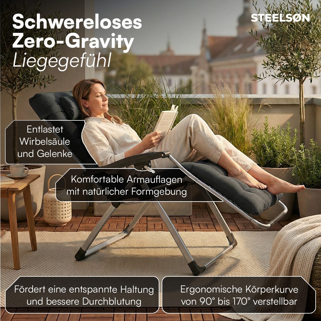 STEELSØN Gartenliege Lysira klappbarer Zero-Gravity-Stuhl, schwarz/silber, outdoor Liegestuhl, mit atmungsaktiven Polsterauflagen, Sonnenliege mit Getränkehalter