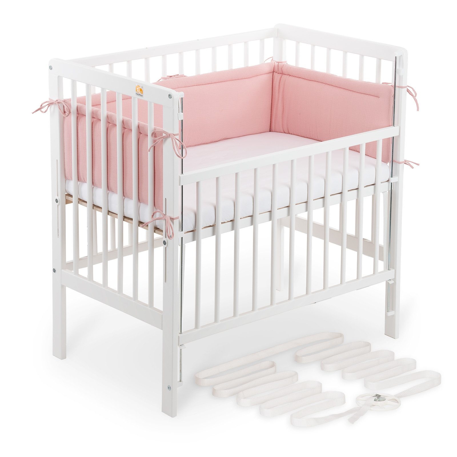 FabiMax Beistellbett Beistellbett Flex 90x55, TÜV geprüft, aus Buchenholz weiß lackiert, stufenlos höhenverstellbar, passend für Boxspringbetten, 2 in 1