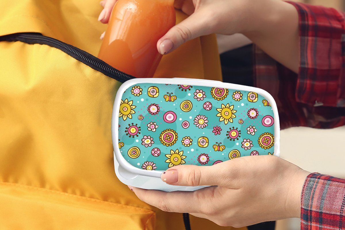 Kunststoff, Lunchbox Schmetterlinge - für Jungs Muster, Brotdose, weiß Erwachsene, Kinder und MuchoWow Brotbox (2-tlg), - für und Blumen Mädchen
