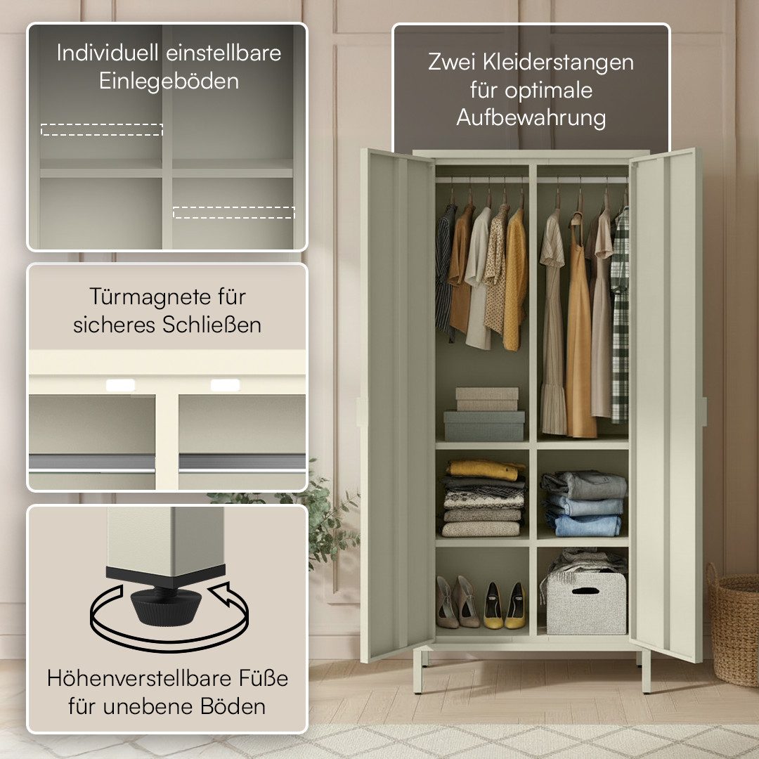 skølm Kleiderschrank Ituri aus Metall (Beige) Metallschrank mit 6 Fächern & 2 Kleiderstangen, 170x80x45 cm