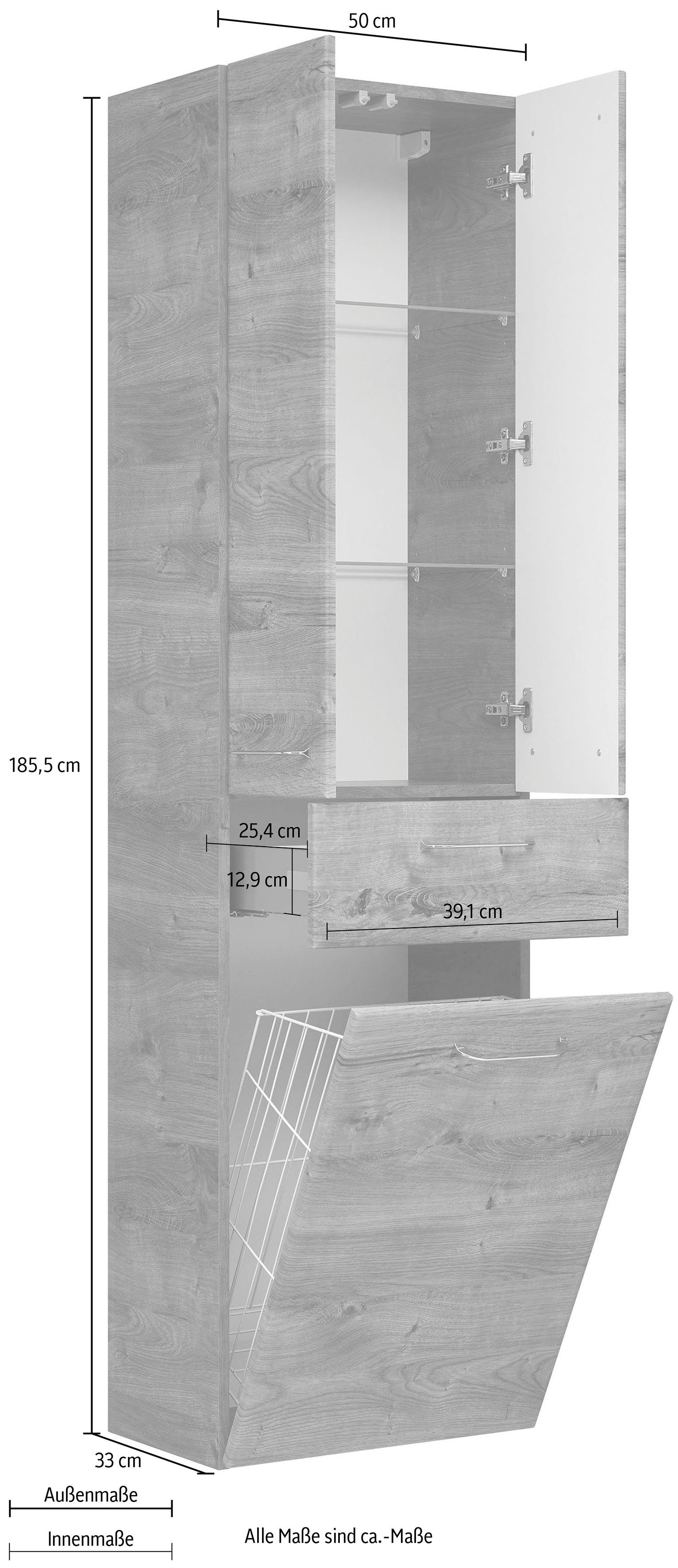 Saphir Hochschrank Quickset Badschrank 50 cm breit, 2 Türen, 1 Schublade, 1 Wäschekippe Badezimmer-Hochschrank inkl. Türdämpfer, Griffe in Chrom glänzend – Bild 3 von 4