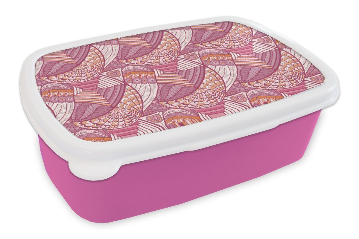 MuchoWow Lunchbox Mädchen - Federn - Rosa - Muster - Mädchen - Kinder - Kinder, Kunststoff, (2-tlg), Brotbox für Erwachsene, Brotdose Kinder, Snackbox, Mädchen, Kunststoff | Lunchboxen