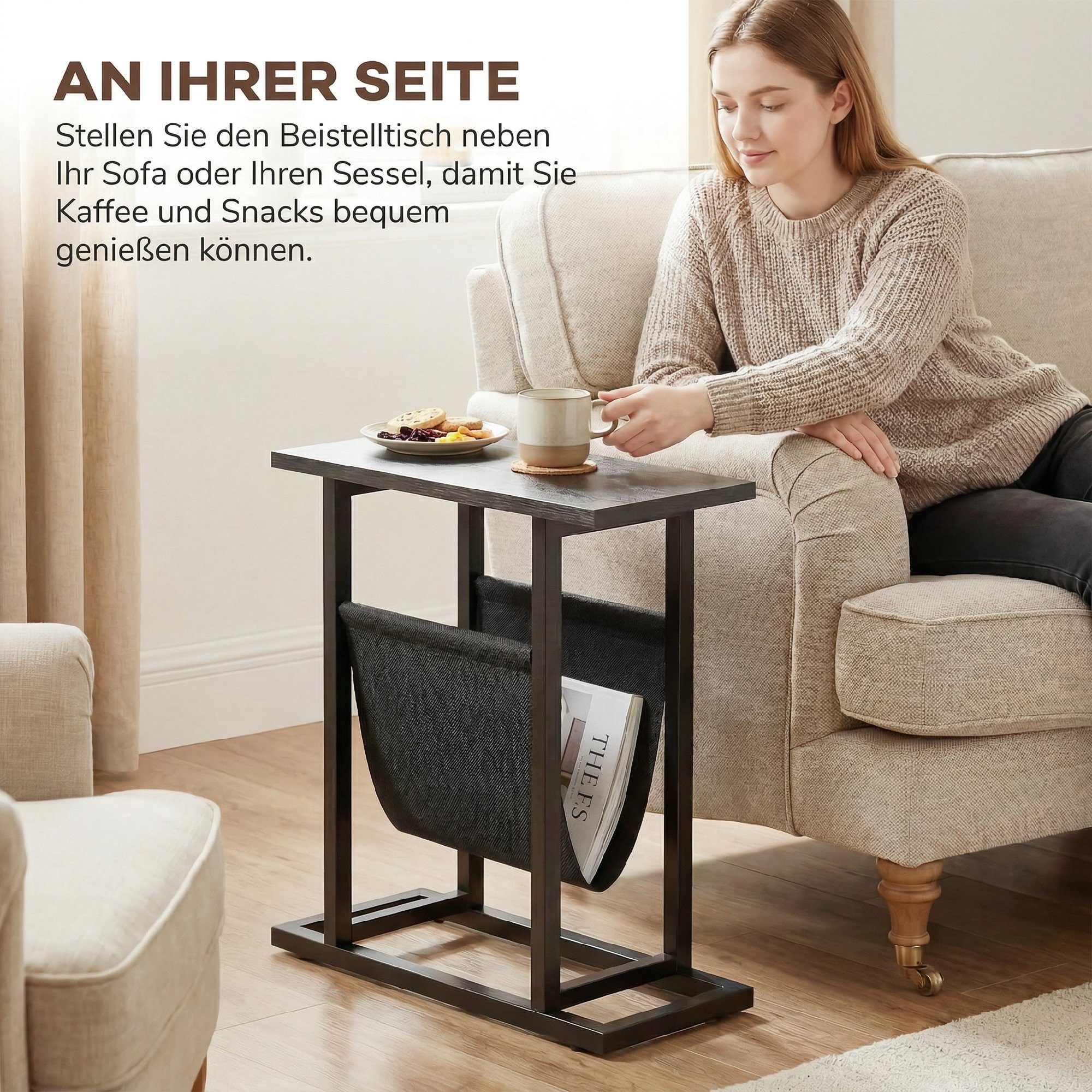 HOMCOM Beistelltisch Nachttisch mit Stofftasche, mit Stahlrahmen, Wohnzimmertisch (Set, 1-St., 1 Tisch), Mit Stofftasche für zusätzlichen Stauraum – Bild 4 von 5