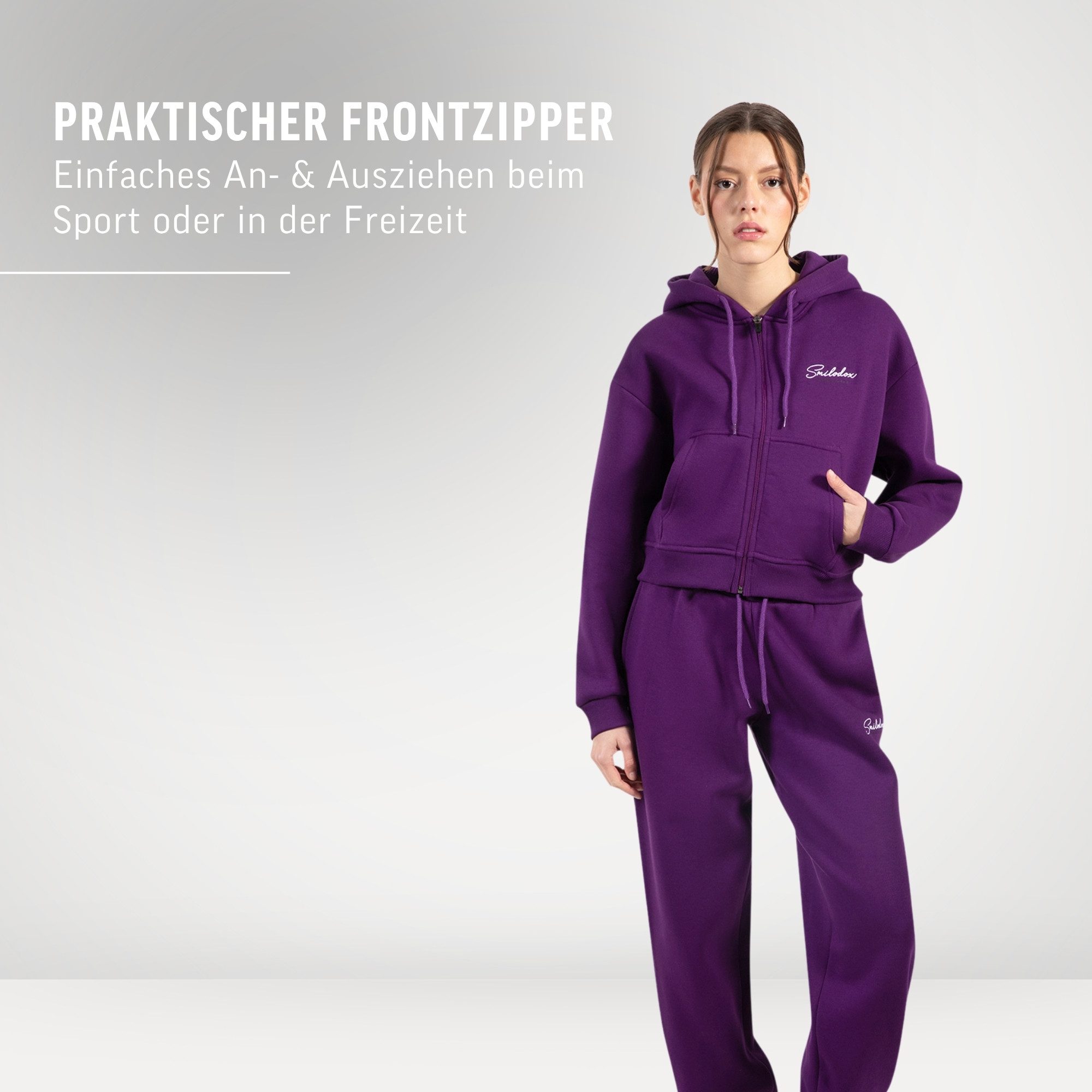 Smilodox Kapuzenstrickjacke Enara, Strickjacke mit Frontzipper und Kängurutasche, Sweatjacke gesticktes Logo weicher Stoff bequeme Kapuzenjacke Freizeit Sport