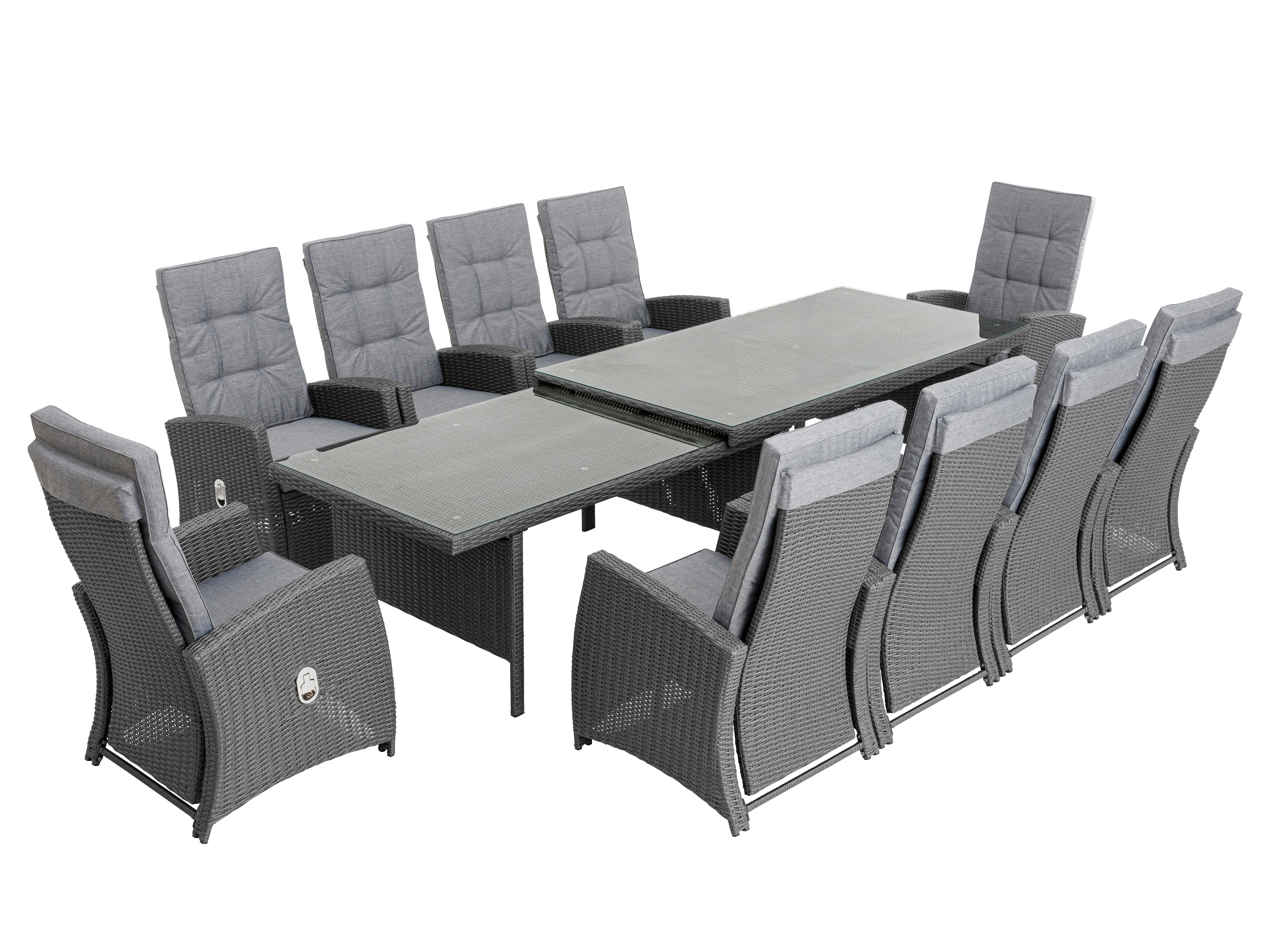 KONIFERA Garten-Essgruppe »New Paris«, (Set, 31-tlg., 10 Sessel, Tisch ausziehbar Tisch 100x200-324,5x74 cm), Rückenlehne verstellbar, inkl. Auflagen