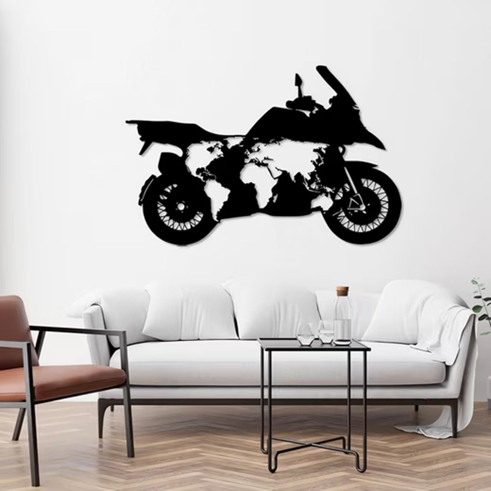 Jumpeak Wanddekoobjekt Metall Wanddekoration Weltkarte&Motorrad Silhouette,Wohnraum,Büro, Individuelle Metall Wandkunst mit Globetrotter&Abenteuer-Atmosphäre