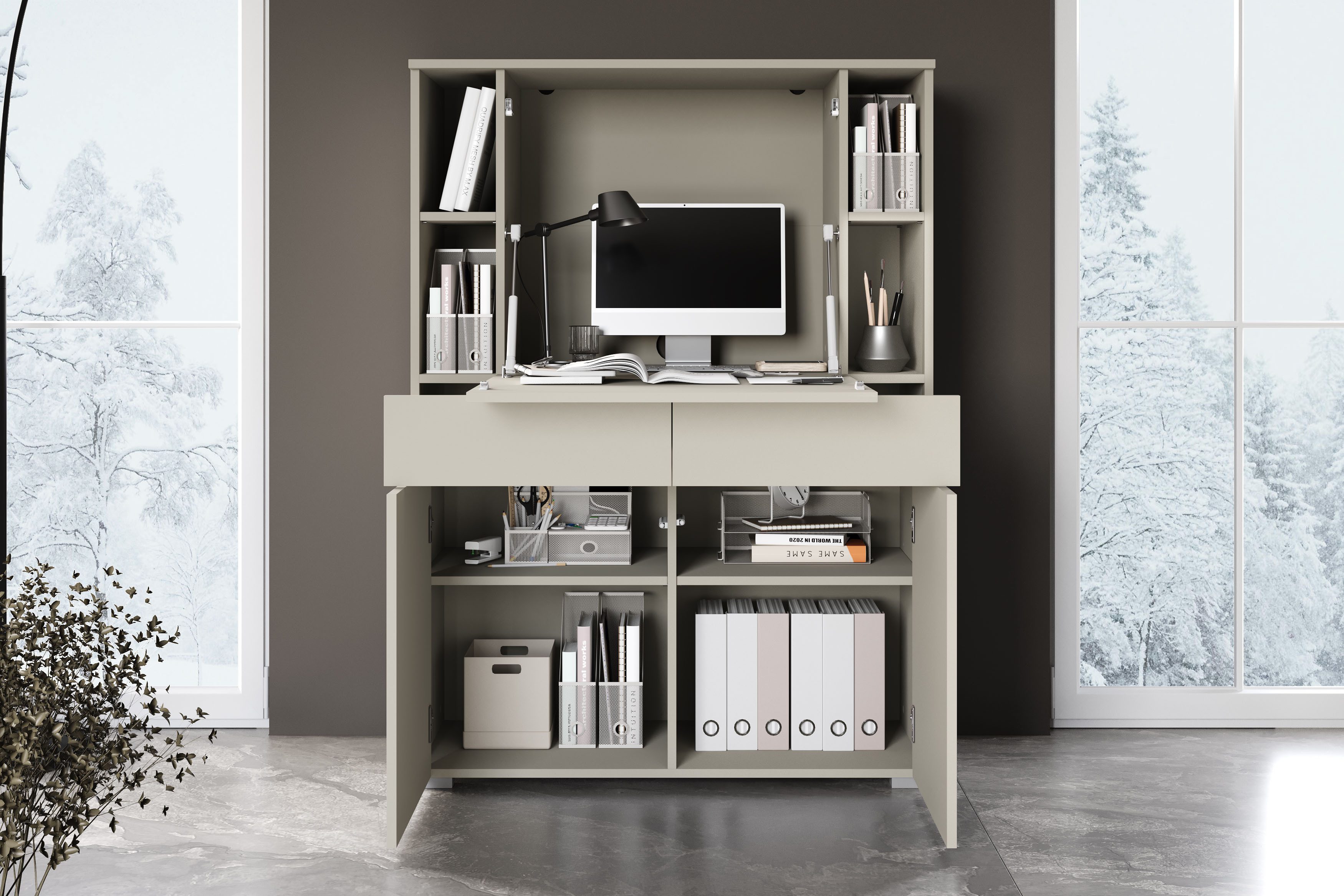 OTTO home Sekretär Paris, Moderner PC-Schrank mit klappbarer Arbeitsfläche (1 St), 2 Schubladen, Push-to-Open und verstellbare Einlegeböden, Breite 90 cm – Bild 5 von 5