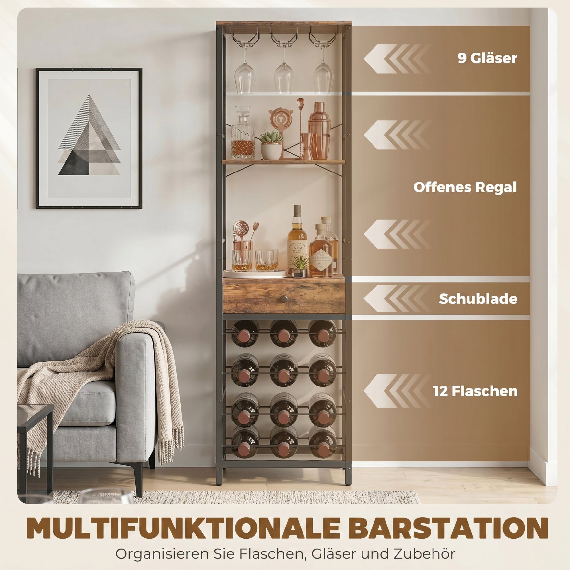 HOMCOM Weinregal Flaschenregal mit Glashalter Stand für Küche Rustikal Braun, Weinhalter 1-tlg., Platz für 12 Flaschen, 9 Gläser, Schublade, Regal, Bar – Bild 4 von 5