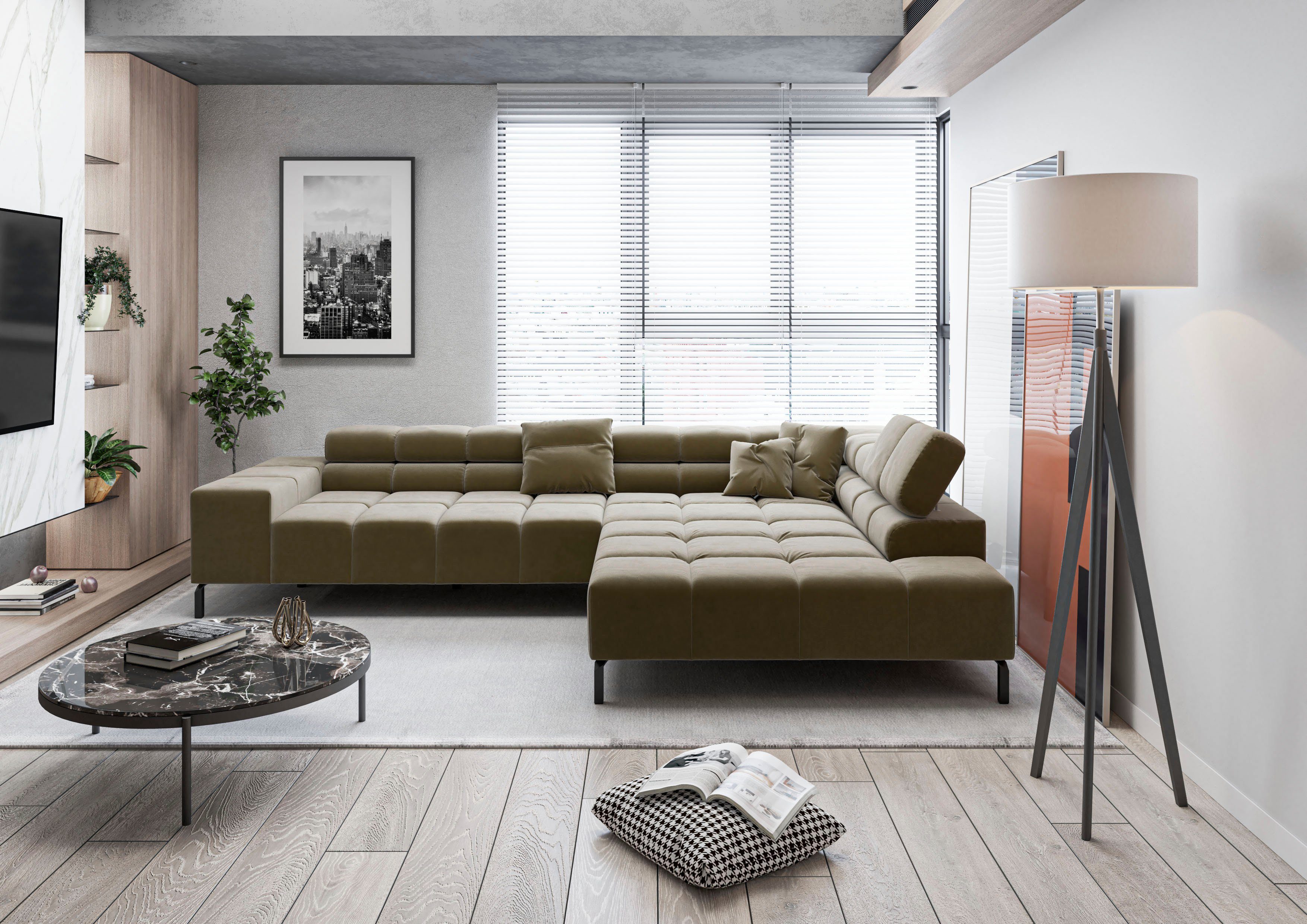 Home affaire Ecksofa Ancona New, wahlweise motorische Sitztiefenverstellung, auch in Cord, feine Steppung, mit Kopfteilverstellung, 3 Zierkissen, L-Form