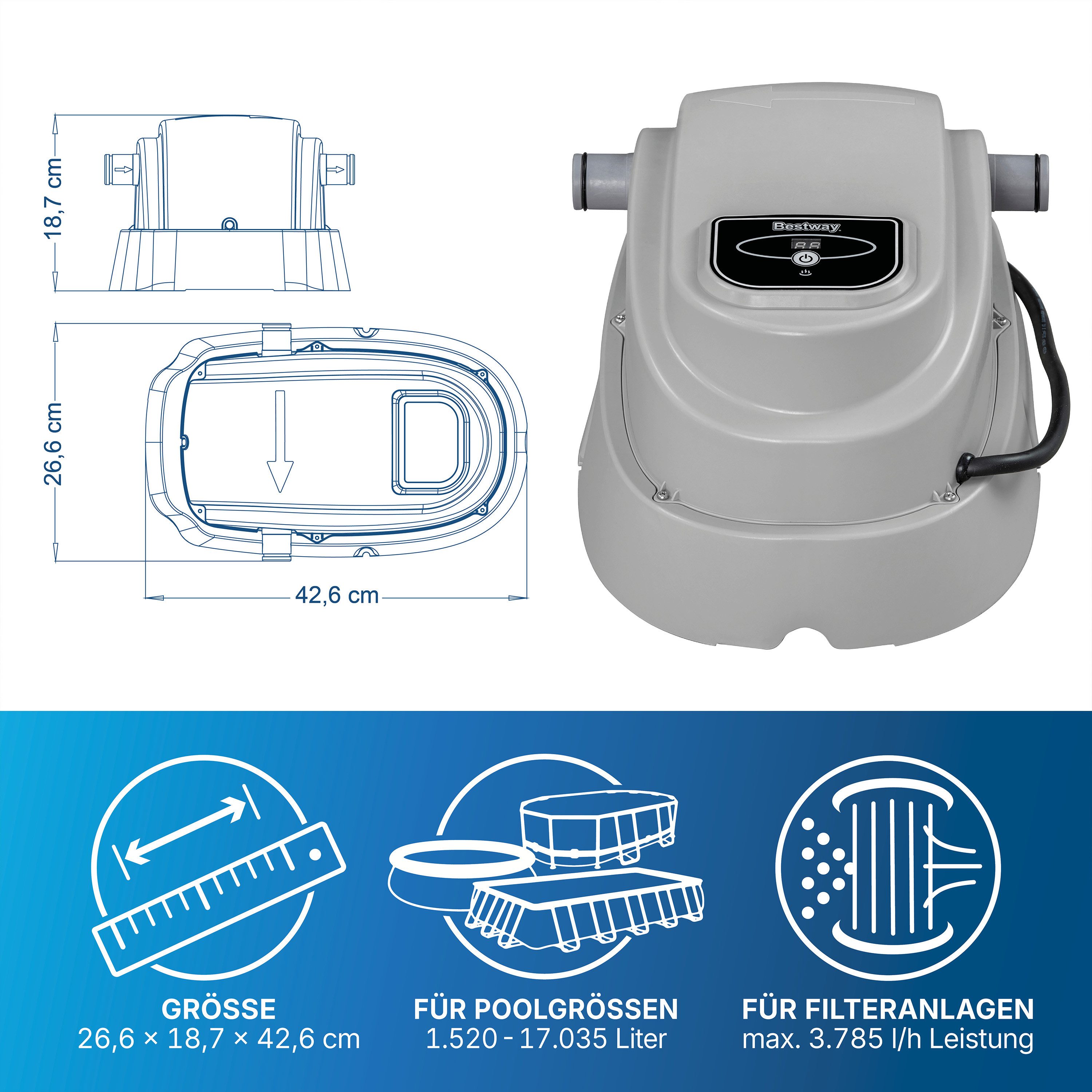 Bestway Pool-Wärmepumpe 2.800 W (Packung, für Pools von 1.520-17.035 l & Filteranlagen von max. 3.785 l/h), Max. Heizleistung: 40 °C