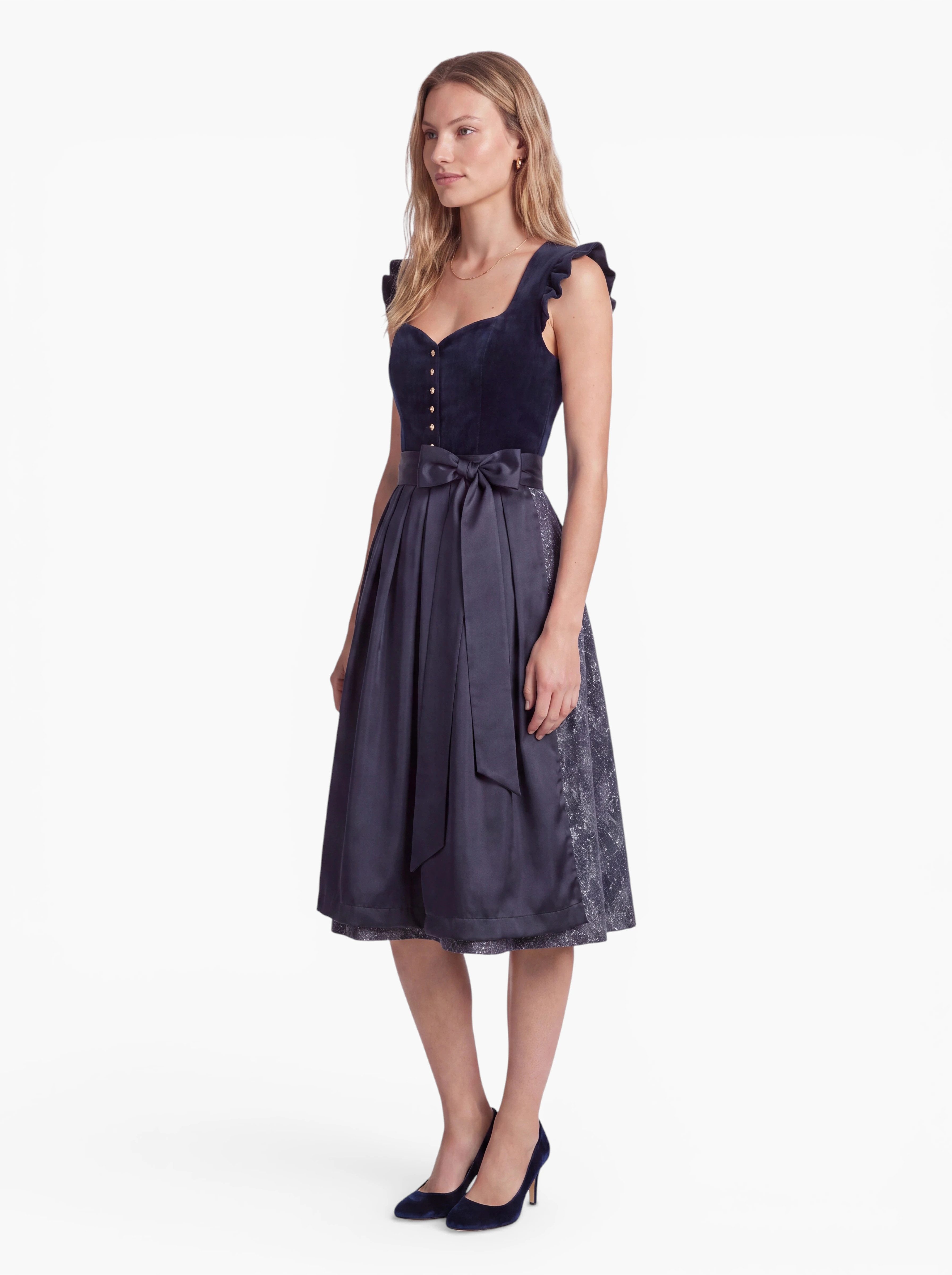 Krüger Madl Dirndl Melora Midi-Dirndl Damen Marine 70 cm mit Samtmieder und Flügelärmeln