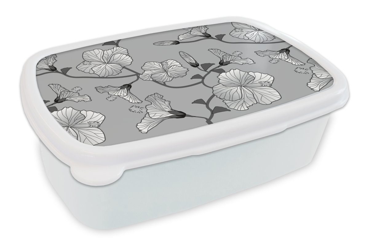 MuchoWow Lunchbox Hibiskus - Grau - Tropisch - Muster, Kunststoff, (2-tlg), Brotbox für Kinder und Erwachsene, Brotdose, für Jungs und Mädchen weiß