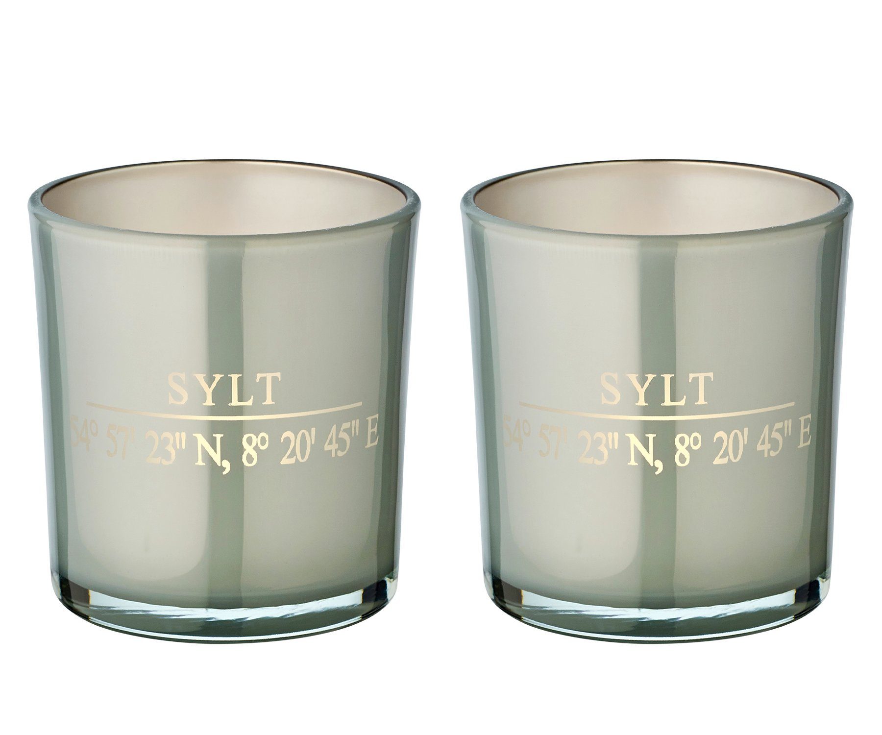 EDZARD Windlicht Sylt (2er, 8 Grau-Optik, Windlicht, in Teelichtglas mit für Kerzenglas Set), Sylt-Motiv Ø cm, Teelichter, Höhe 7,5 cm edler