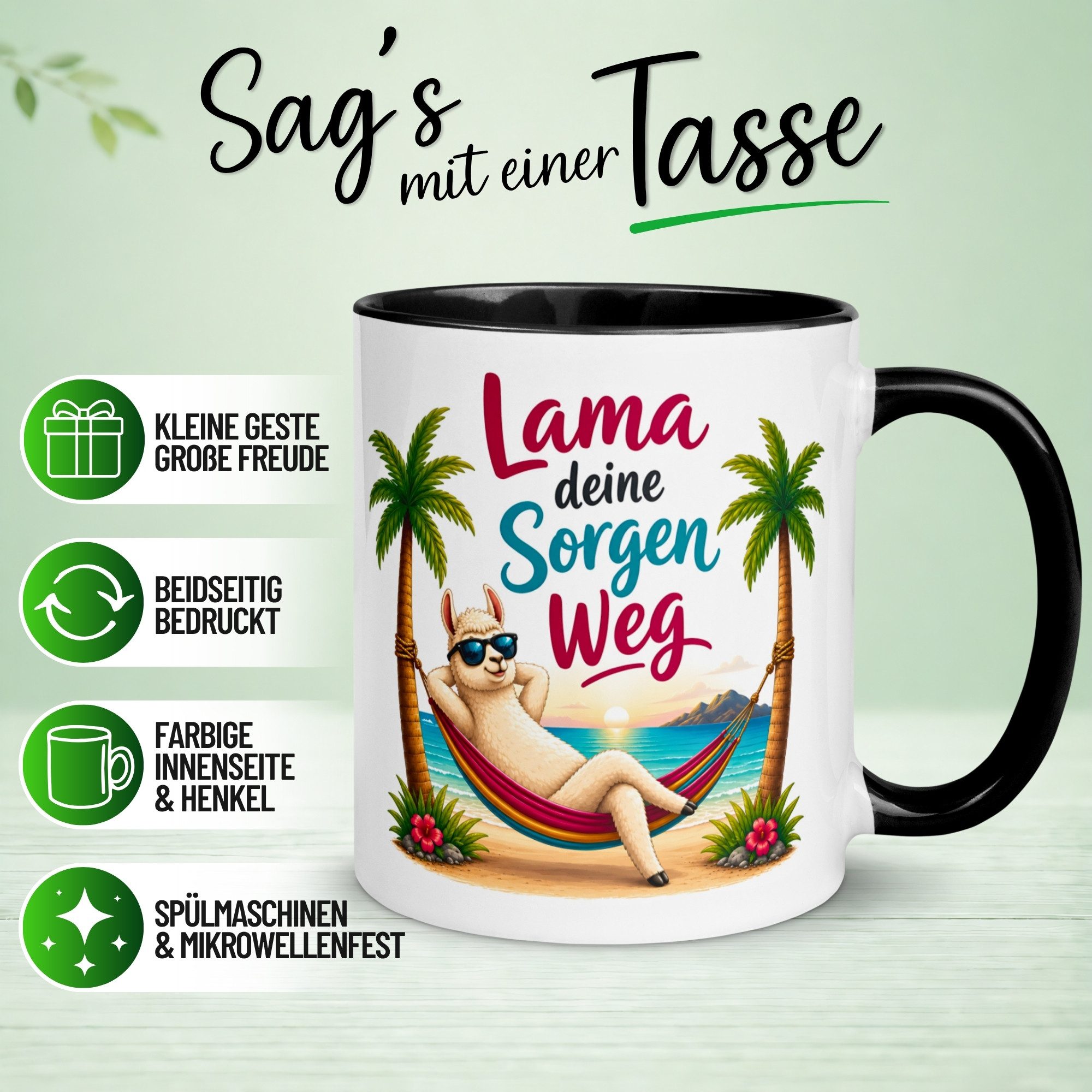 Momentals Tasse Lama – Lama deine Sorgen weg – Relax Entspannung Anti Stress Geschenk, Gratis Versand · Links-&Rechtshänder · Spülmaschinenfest