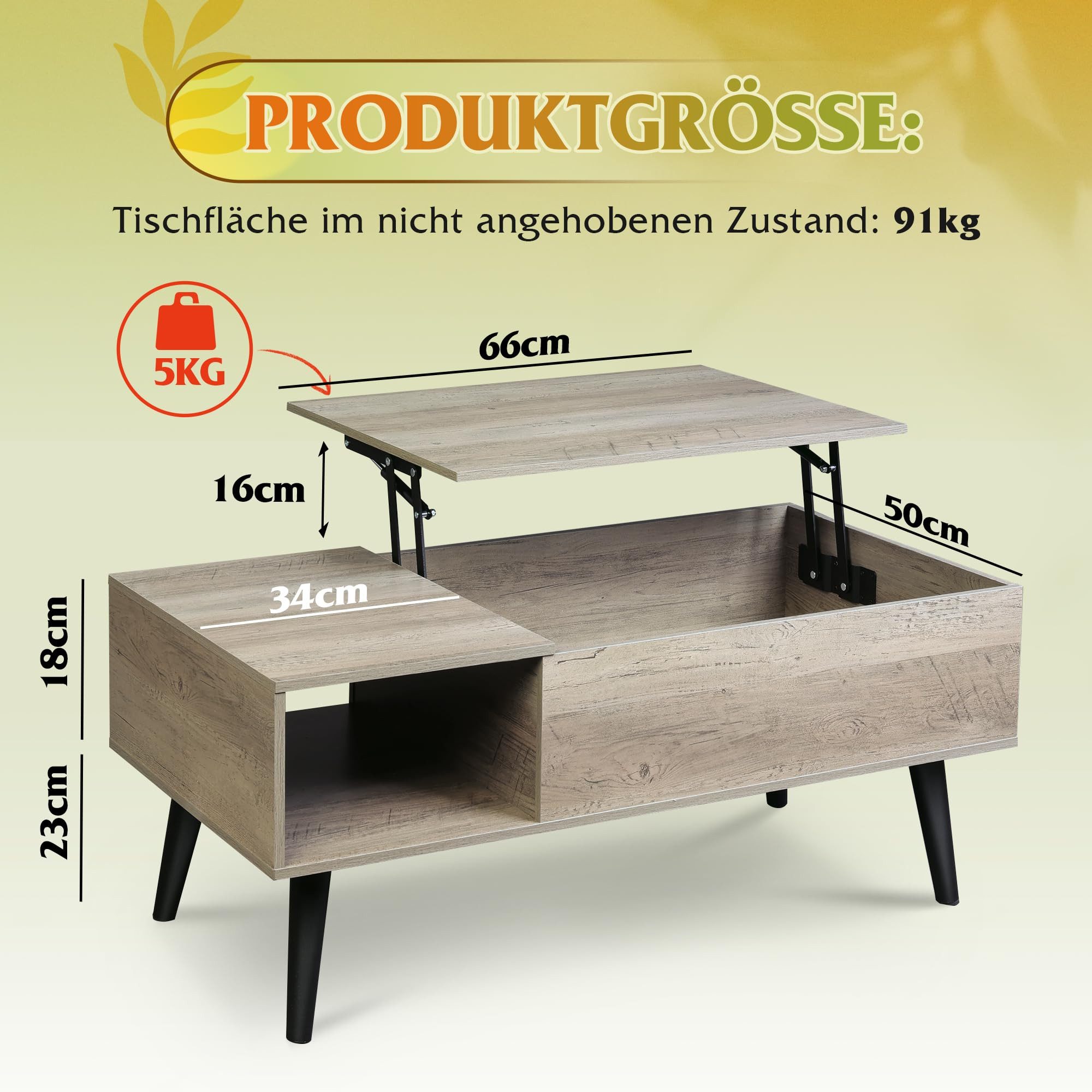 WLIVE Couchtisch höhenverstellbar mit Stauraum, Lift-Top Wohnzimmertisch 100×50×41-57cm (Packung, Lift-Top-Design), Holzoptik & Metallrahmen, für Wohnzimmer Büro