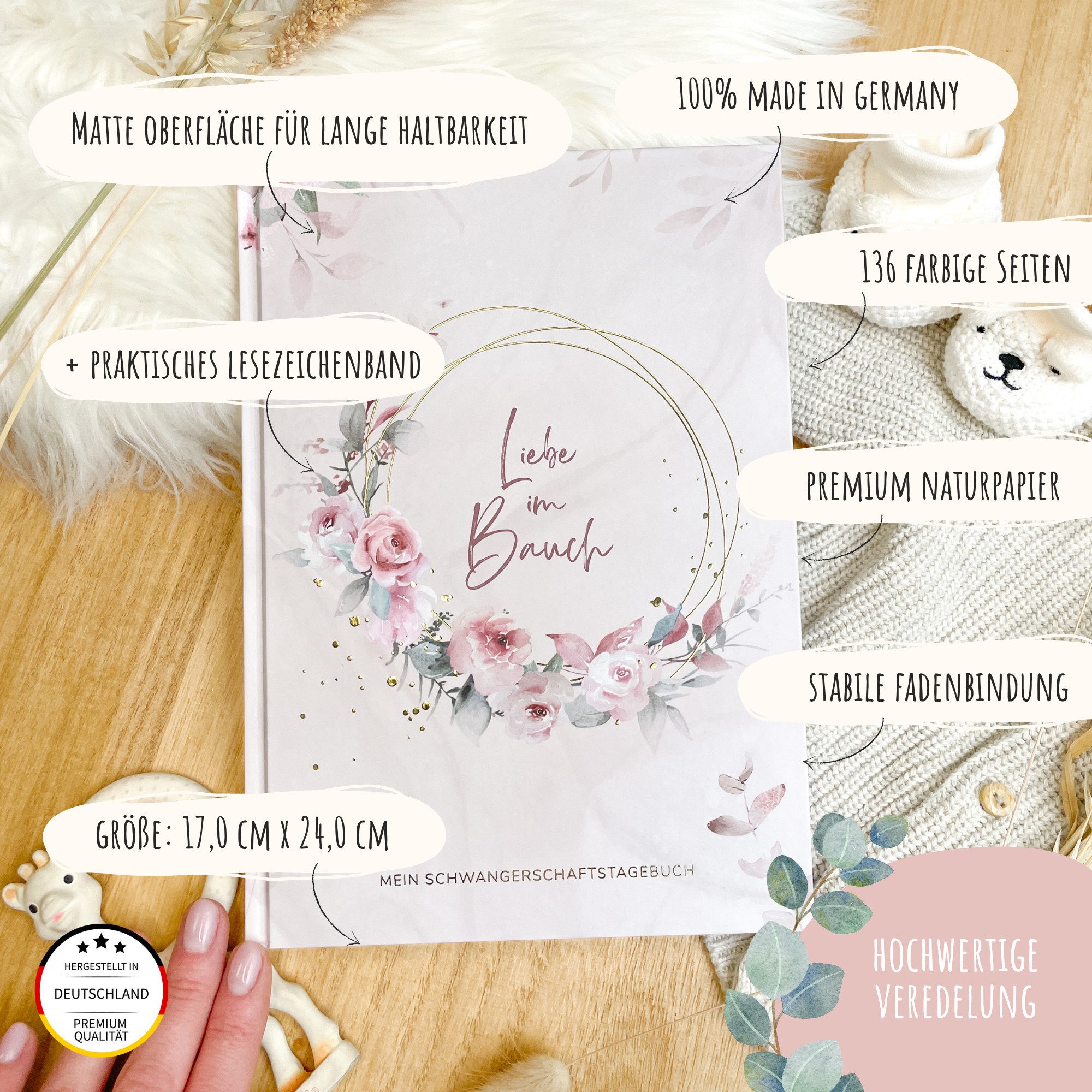 MeinBaby123® Tagebuch Schwangerschaft, Geschenke für Schwangere, Schwangerschafts Journal, Schwangerschaftsbuch "Liebe im Bauch" vergoldet