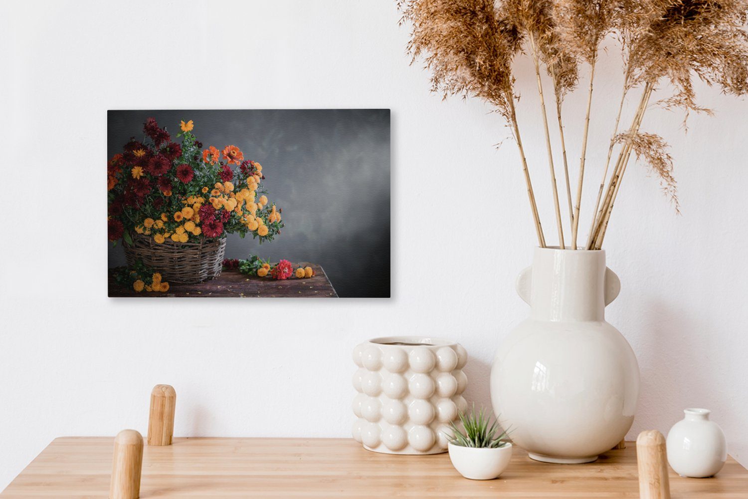 OneMillionCanvasses® Leinwandbild Stilleben - (1 Aufhängefertig, Wanddeko, St), Chrysantheme, cm 30x20 Wandbild Korb Leinwandbilder, 
