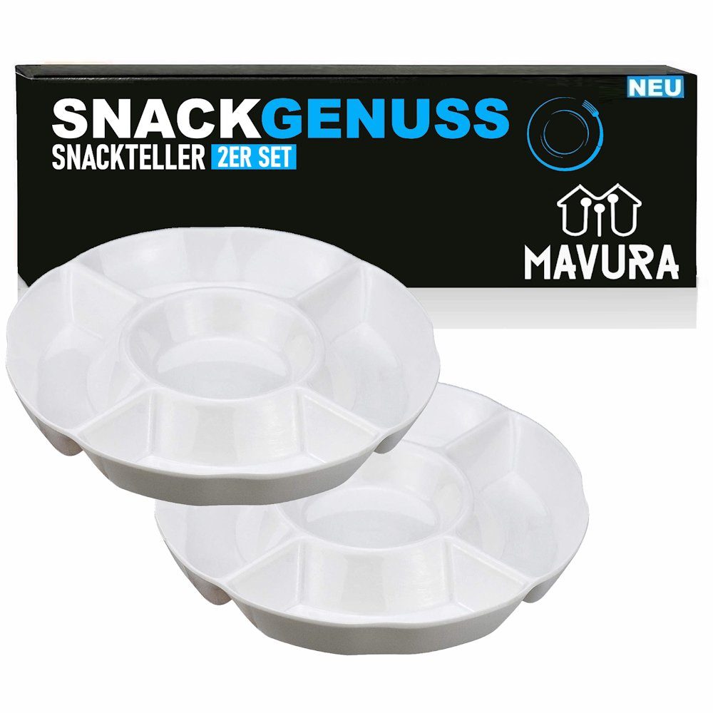 MAVURA Snackschale SNACKGENUSS Snackteller Serviertablett Snacktablett Dipschalen, für Snacks & Dips weiß im 2er Set