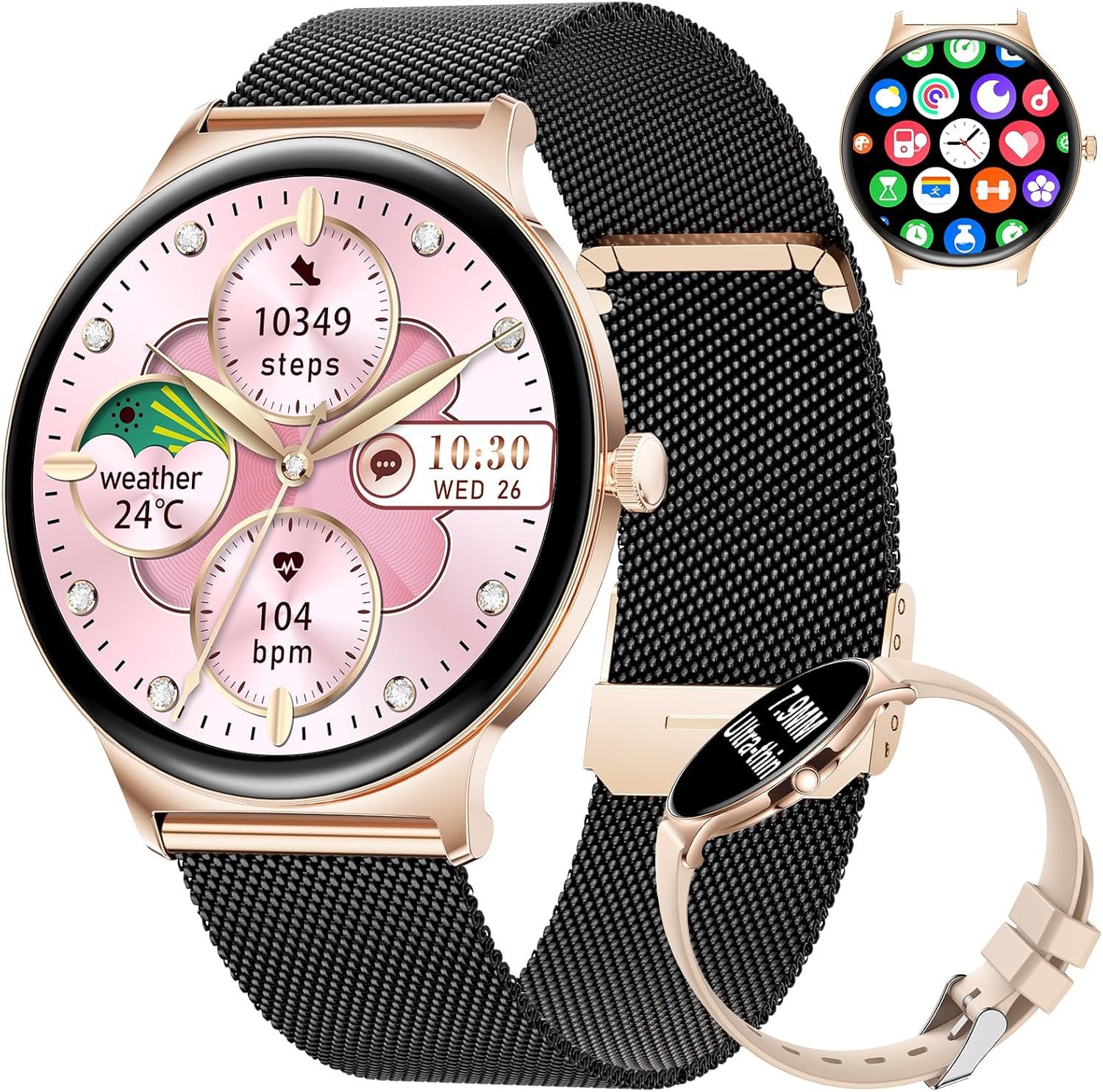 BENYAR FV12-H Smartwatch (3,6 cm, android ios), Smartwatch Damen 1,43" AMOLED, Bluetooth Anruf, 120 Sportmodi