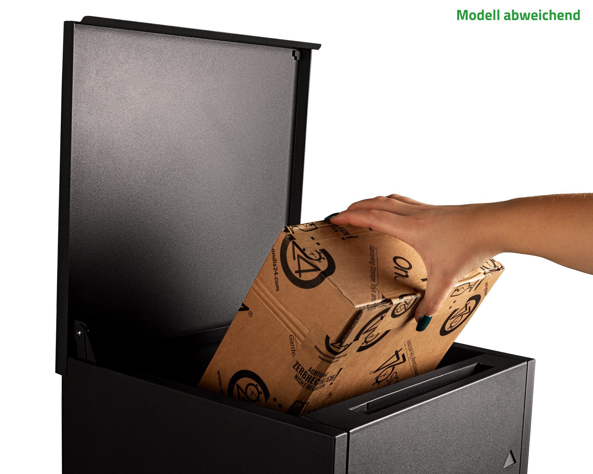 ONDIS24 Paketbox Postbox Briefkasten für Pakete, mit Warensendungen Päckchen, rostfrei, Edelstahl, mit Paketsafe, pulverbeschichtet, Edelstahlfront Briefe Gasdruckfedern und galvanisiert