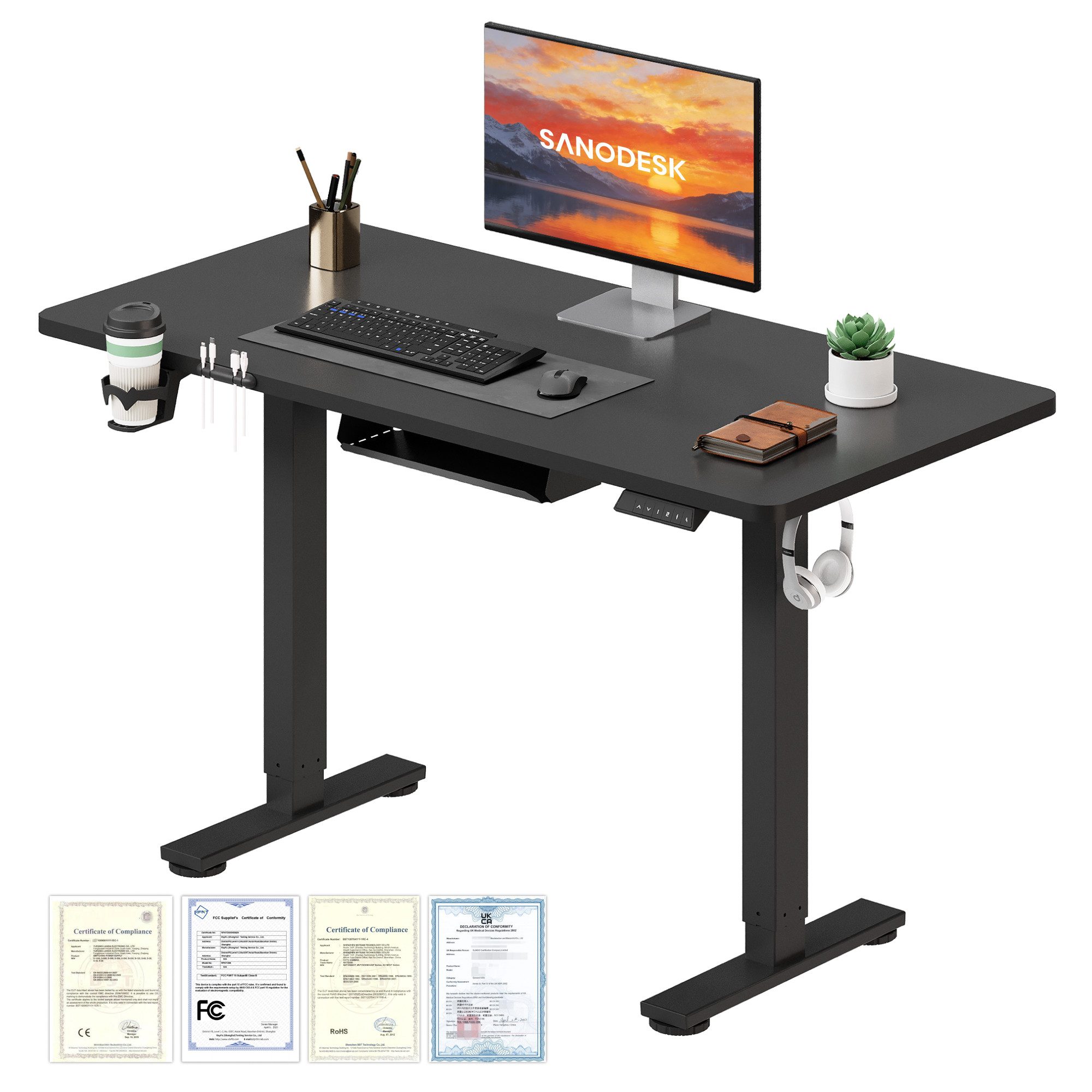 SANODESK Schreibtisch Elektrisch höhenverstellbarer Schreibtisch (inkl. vielseitigem Zubehör, 2-Fach-Teleskop mit Memory-Steuerung & Anti-kollisionssystem), schnelle Montage, verschiedene Größen zur Auswahl