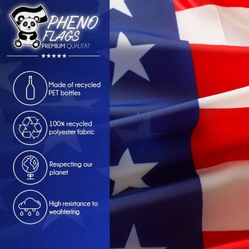 PHENO FLAGS Flagge Recycelte Premium USA Flagge 90 x 150 cm Amerikanische Fahne Amerika (Hissflagge für Fahnenmast), Inkl. 2 Messing Ösen