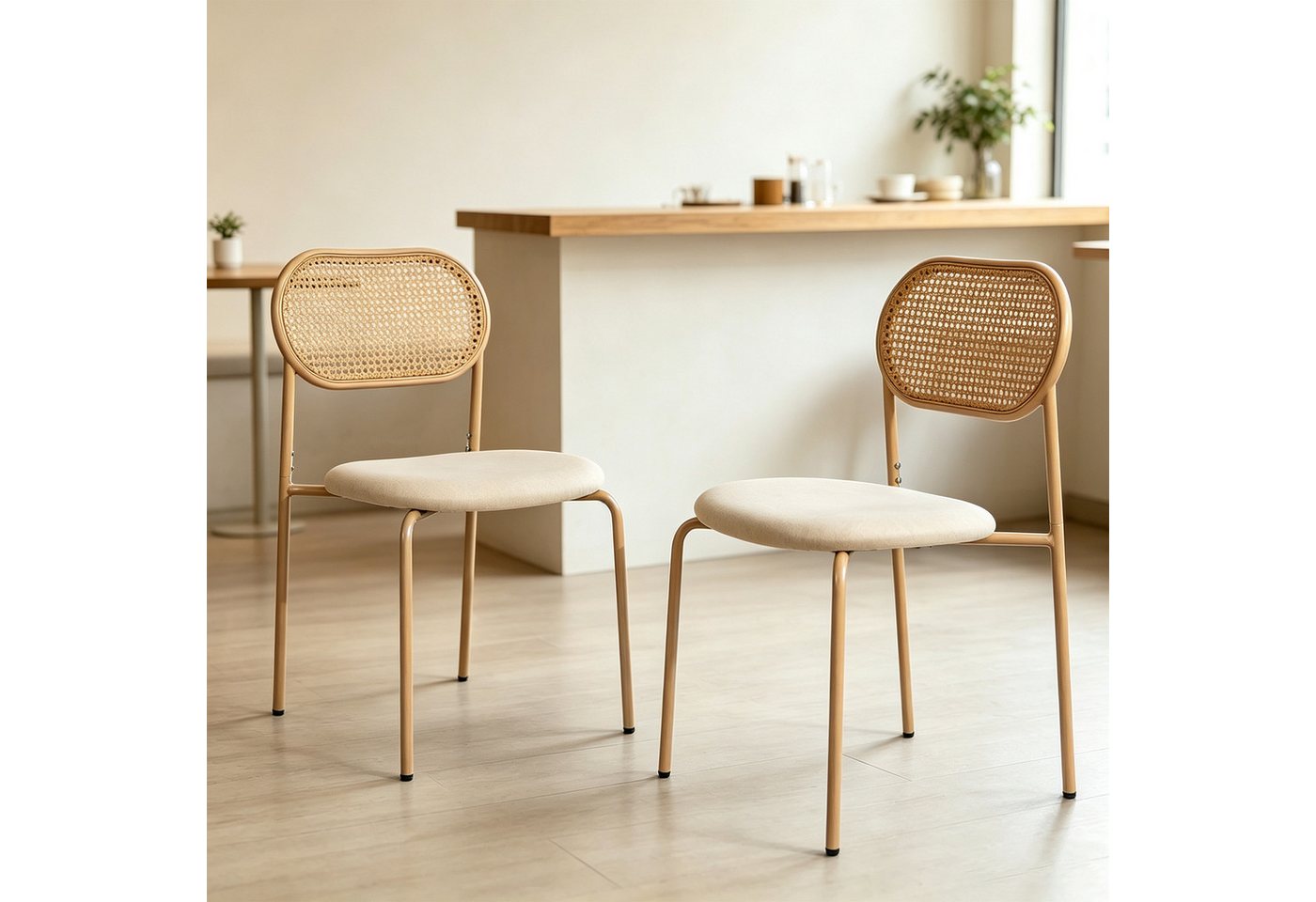 Simurq Esszimmerstuhl Esszimmerstuhl 2er-Set mit Rattangeflecht, Nordic Boho Design (2 Stück), gepolsterter Küchenstuhl mit PU-Sitzfläche