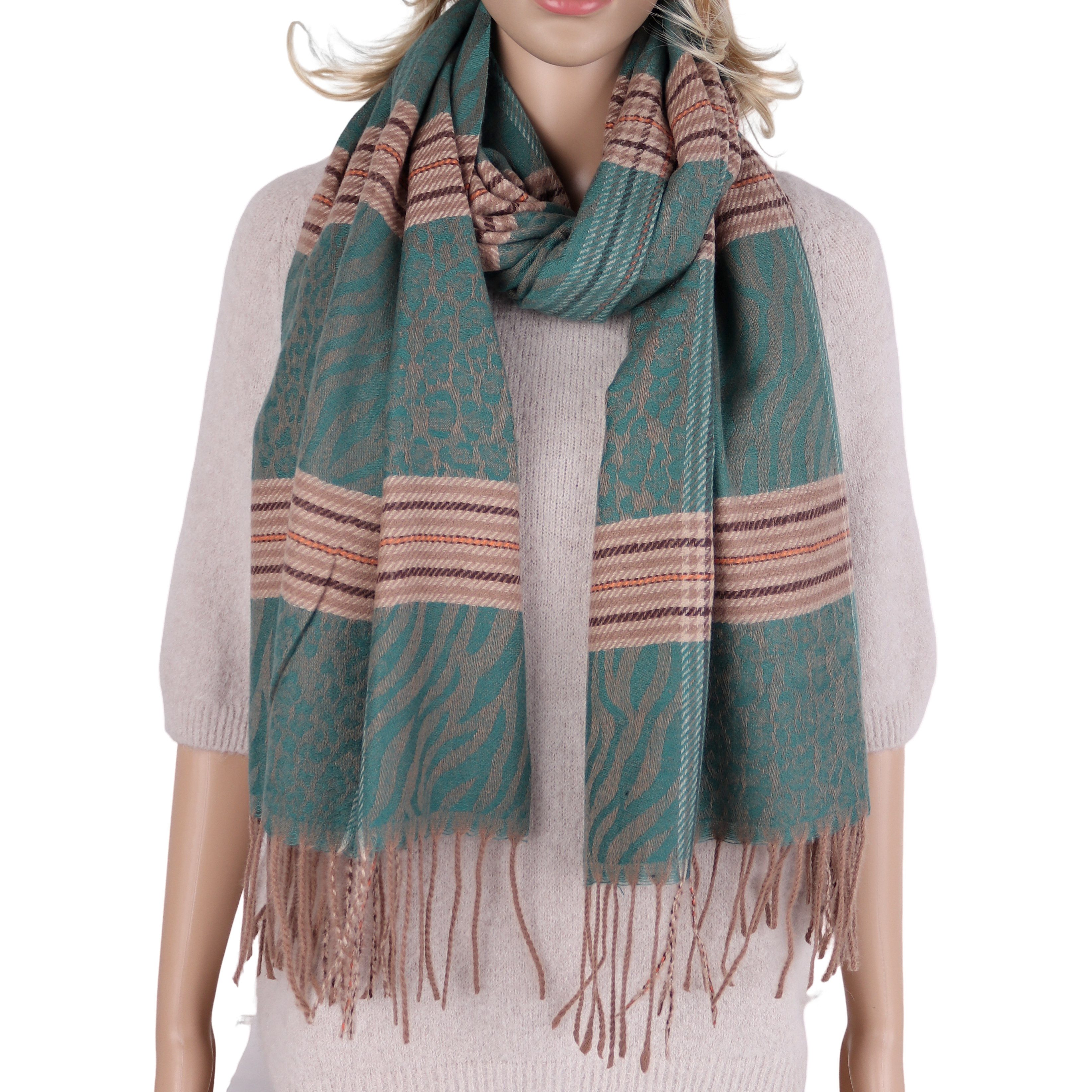MIRROSI Modeschal weicher und warmer Schal mit Fransen, ca.70x180cm, (Leo- & Zebra-Muster mit Karomix), Damen Halstuch ideal für Herbst und Winter