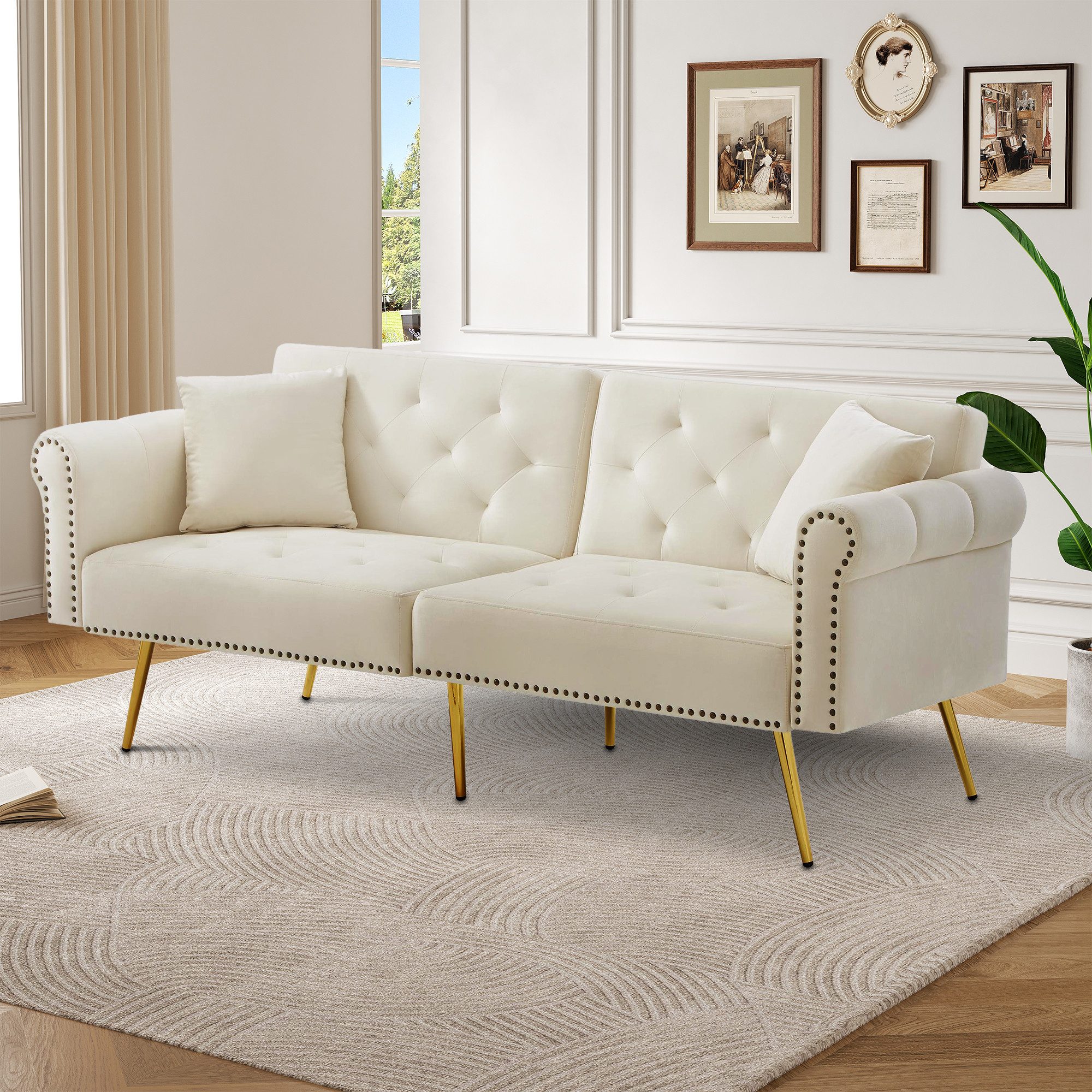 Merax Schlafsofa mit Bettfunktion, 1 Teile, 2-Sitzer-Sofa mit verstellbarer Rückenlehne & goldenen Metallfüßen