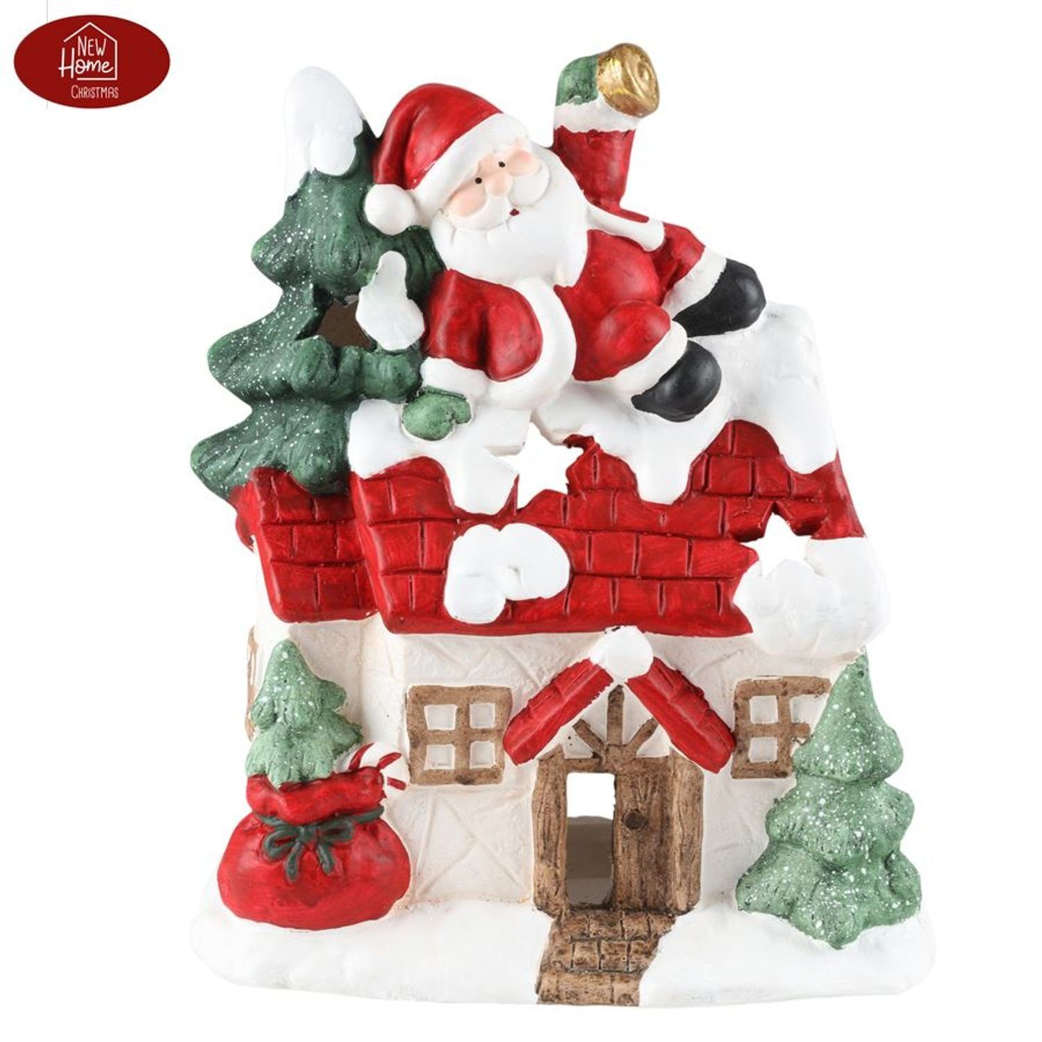 BURI Teelichthalter 36cm Tannenbaum Weihnachtsmann mit Weihnachtshaus Dekofigur und