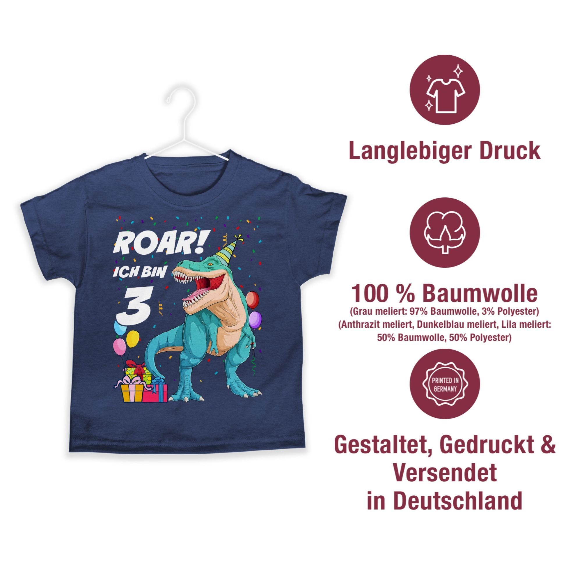 Meliert 3. T-Shirt 02 Dunkelblau - Geburtstag Ich T-Rex Shirtracer 3 Dinosaurier Dino bin Jahre