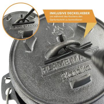 Skandika Grilltopf Dutch Oven Flame Master, Gusseisen (robust, voreingebrannt, Multifunktionsdeckel, Camping, Outdoor, Festival, Angeln, BBQ, Grillen), 5,1 Liter, mit Füßen, Gusseisen Topf zum Kochen