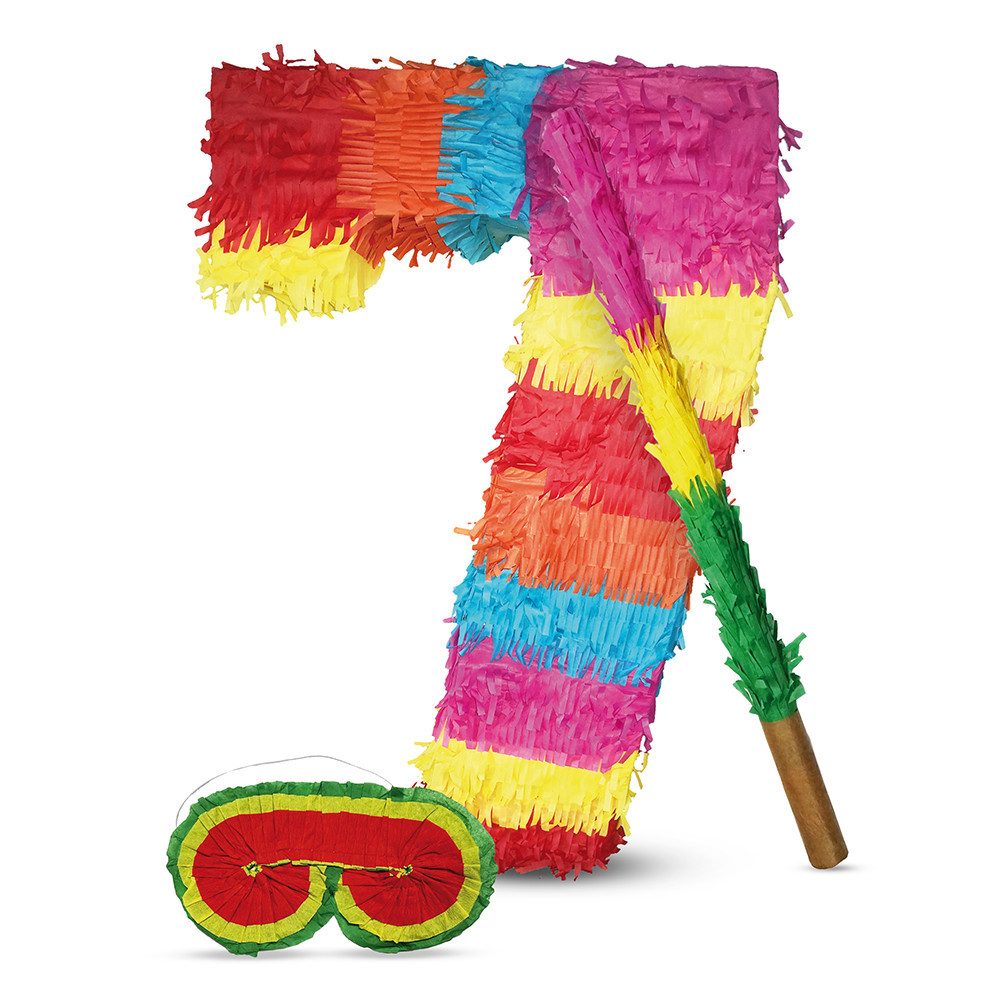 Party Factory Pinata Piñata Zahl 7 mit Stab & Maske – Geburtstags-Piñata zum Befüllen, 50 x 35 x 8cm