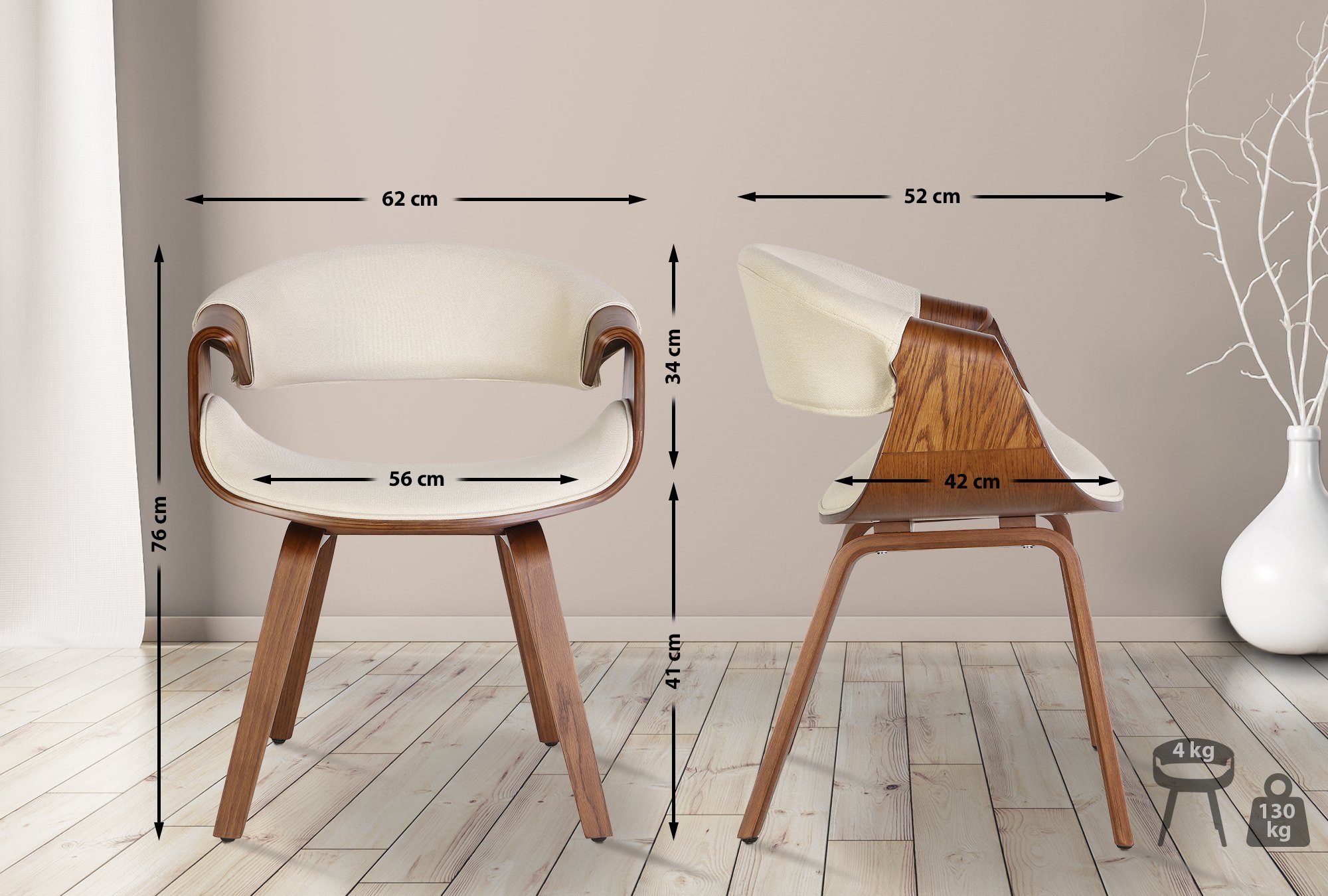 furnicato Esszimmerstuhl Foley 2er Set 76x62x52 cm eiche/creme (1 St)