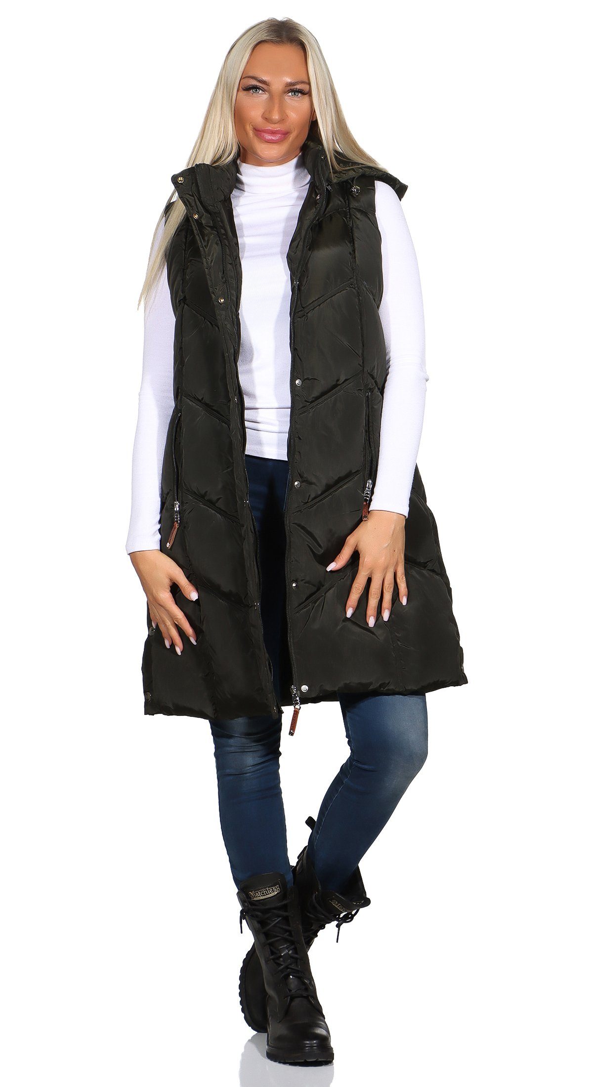 Aurela Damenmode Steppweste Steppweste Damen Longweste mit moderner Steppung abnehmbare Kapuze, auch in großen Größen erhältlich