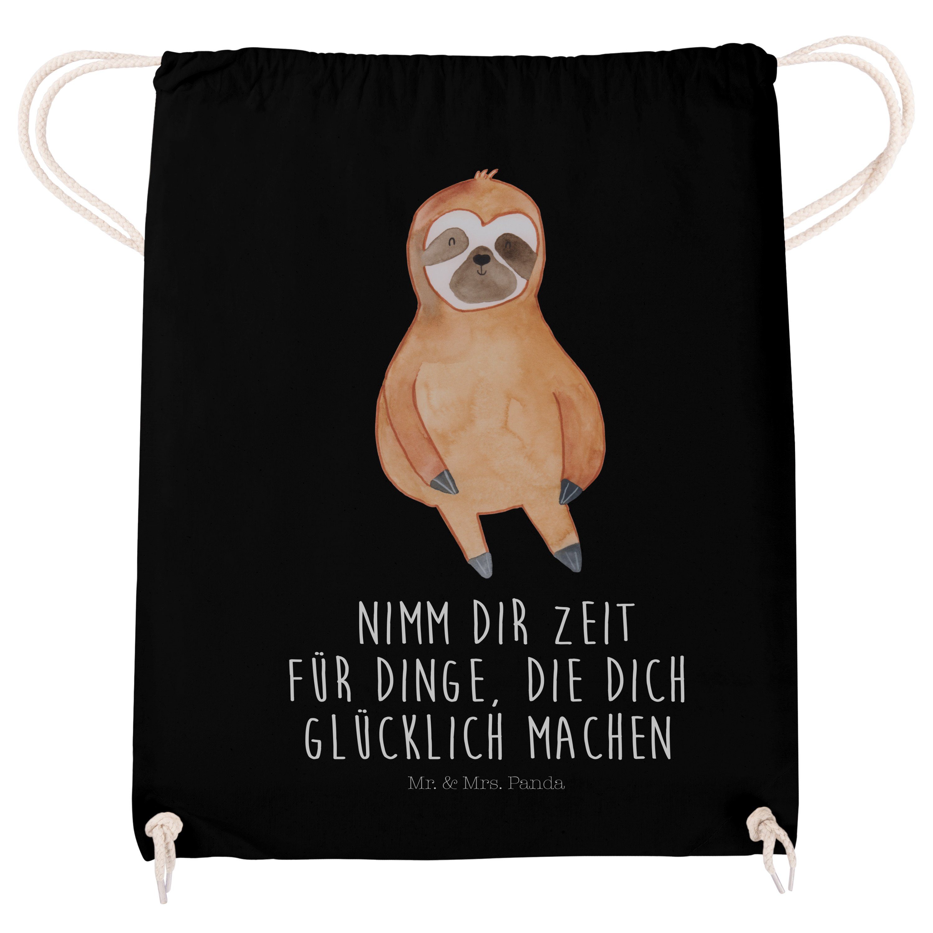 & happy, Schwarz (1-tlg) Deko, - Geschenk, - Mr. Panda Mrs. Sporttasche Zufrieden Faultier Faultier Beutel