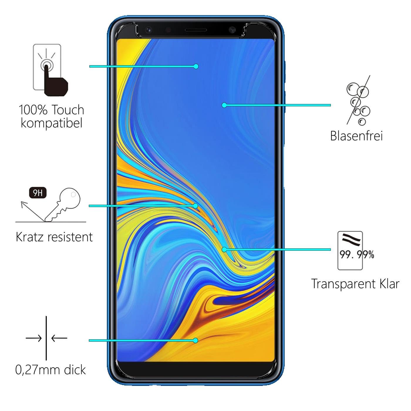 CoolGadget Schutzfolie Panzerfolie für Samsung Galaxy A7 2018, (9H Härtegrad, 2x Schutzglas, 1xReinigungset), Displayfolie Panzer Schutzfolie 2 Stück für Samsung A7 2018 Glas Folie