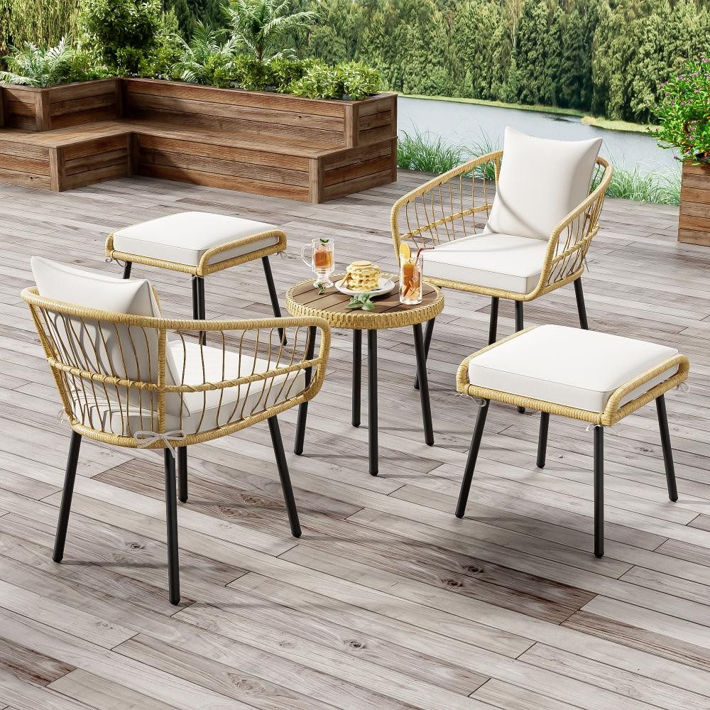 BBWL Gartenlounge-Set mit Tisch Stühlen Hockern wetterfest Metallgestell Outdoor Möbel Natur, Gartenmöbel Set Rattan Lounge 5-teilig Weiß komfortabel